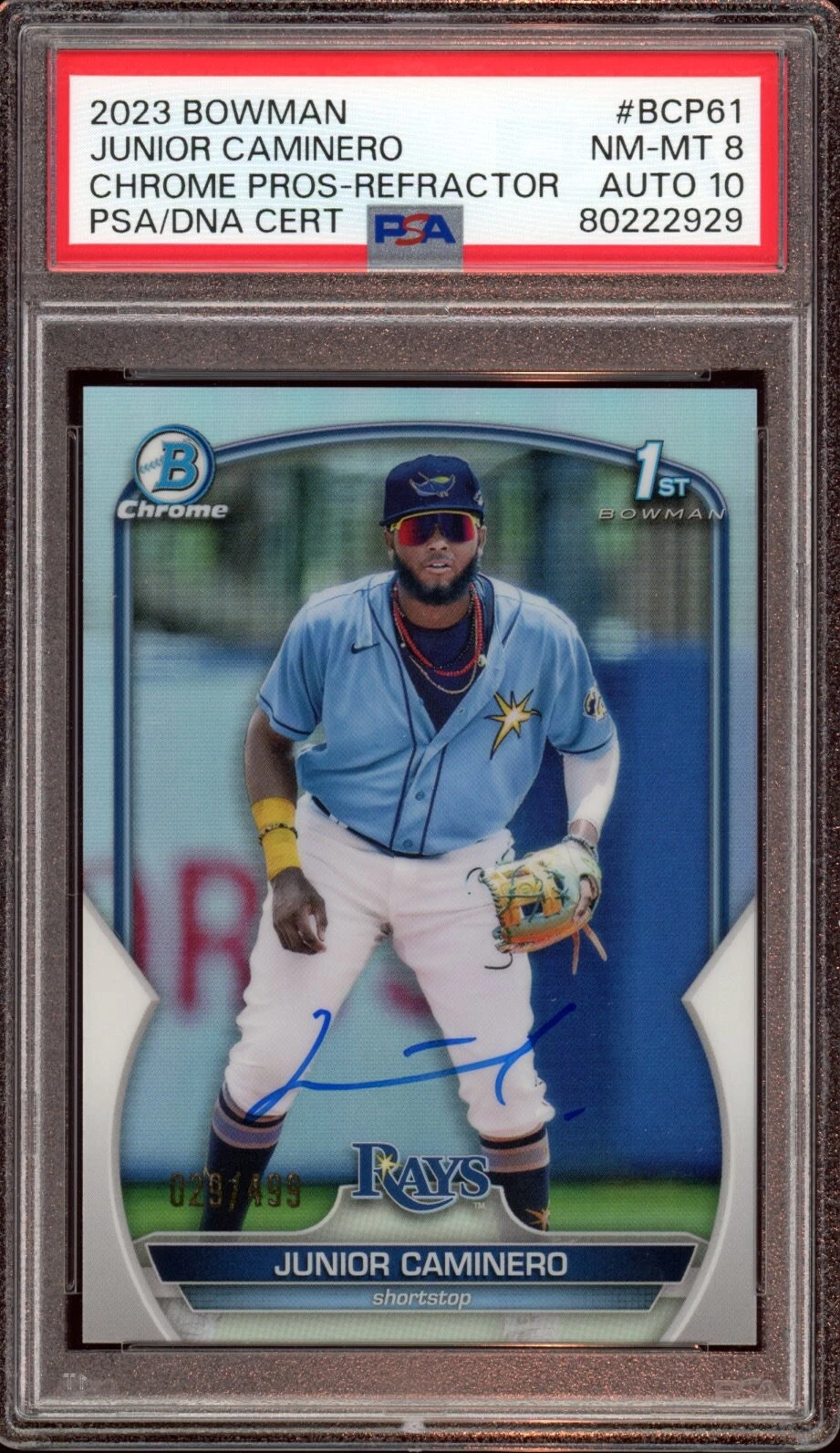 2023 Bowman Chrome #BCP61 Junior Caminero Refractor Auto /499 Psa NM-MT 8/GEM 10
