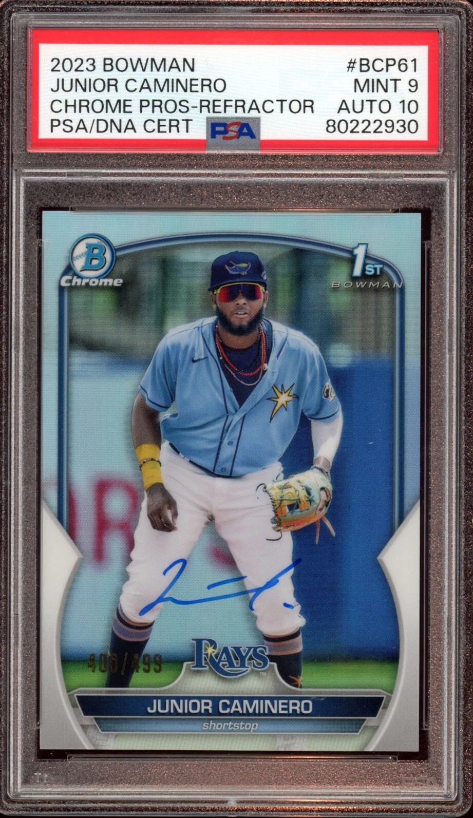 2023 Bowman Chrome #BCP61 Junior Caminero Refractor Auto /499 Psa MINT 9/GEM 10
