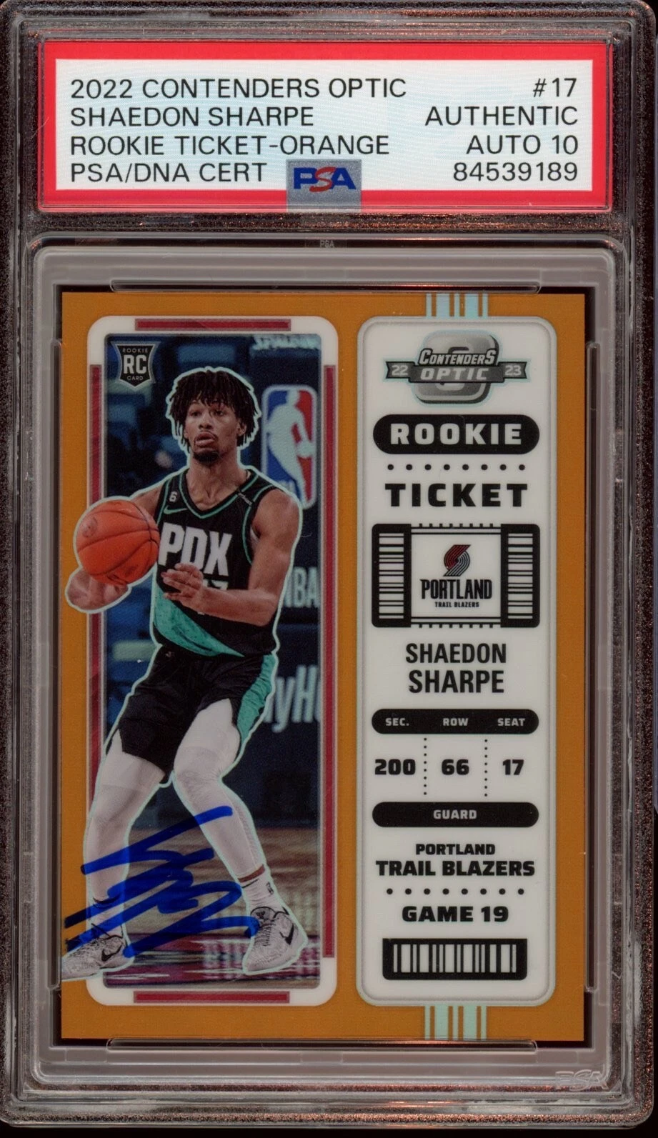 2022 Contenders Optic Shaedon Sharpe Rookie Ticket Orange /49 Psa GEM MT 10 AUTO