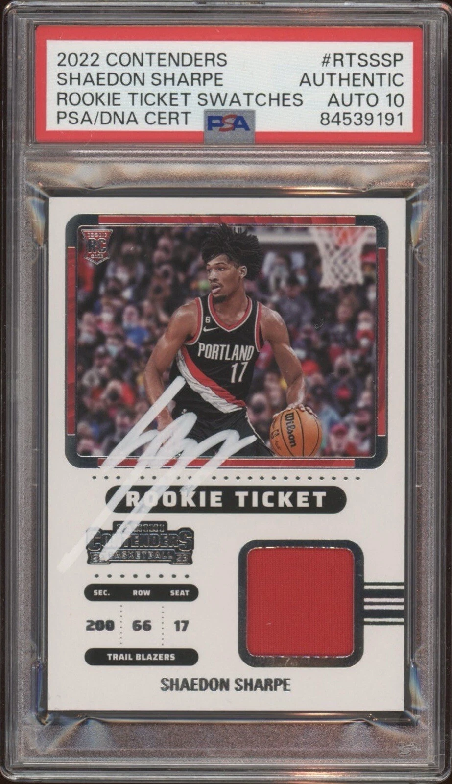 2022 Panini Contenders Shaedon Sharpe Rookie Ticket Swatches Psa GEM MT 10 AUTO