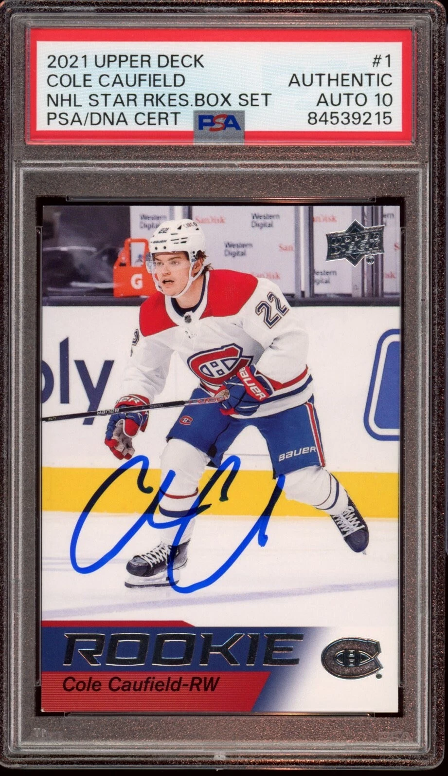 2021 Upper Deck #1 Cole Caufield NHL Star Rookie Card Psa GEM MINT 10 AUTO RC