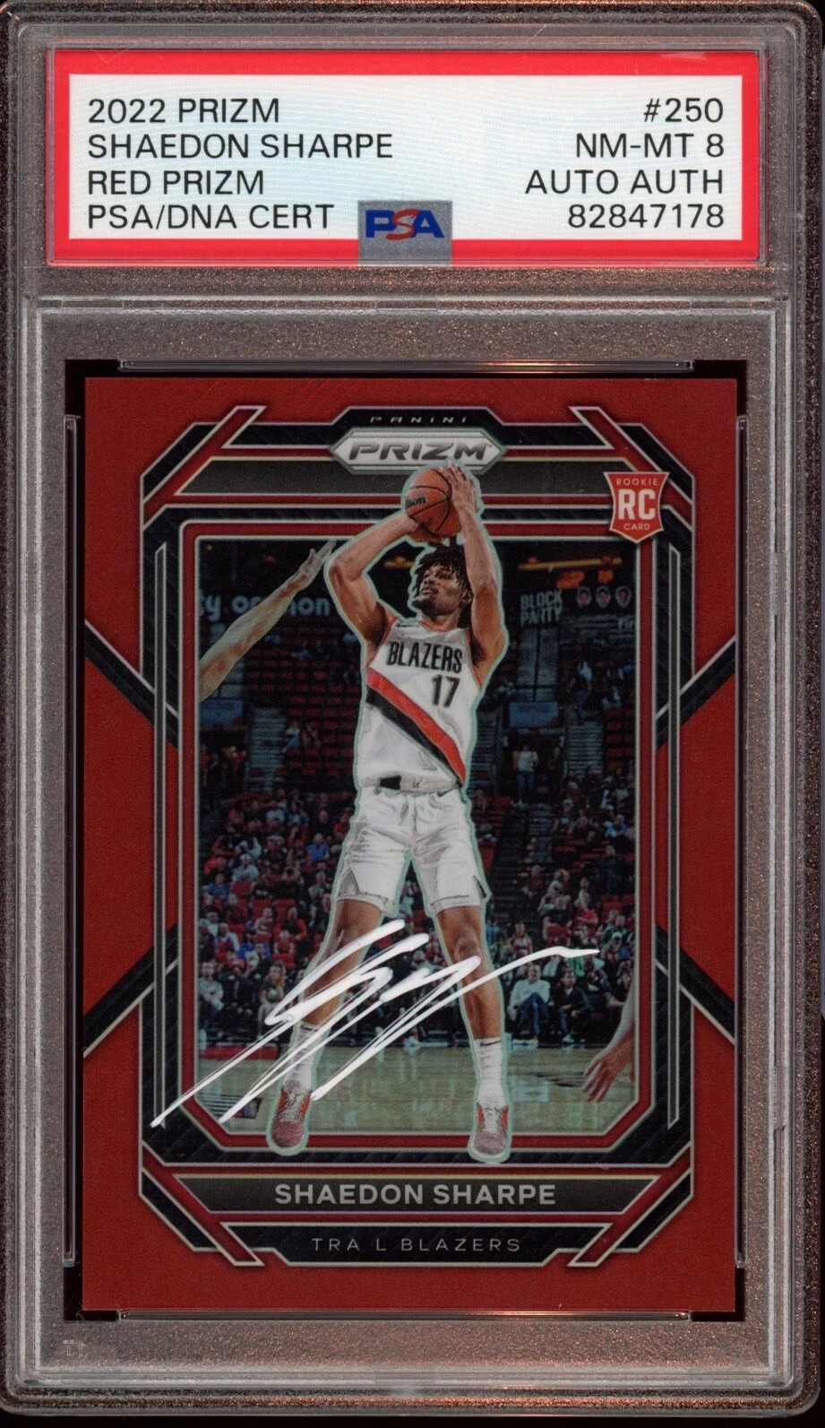 2022 Panini Prizm #250 Shaedon Sharpe Red Prizm Rookie Card /299 Psa NM-MT 8 RC