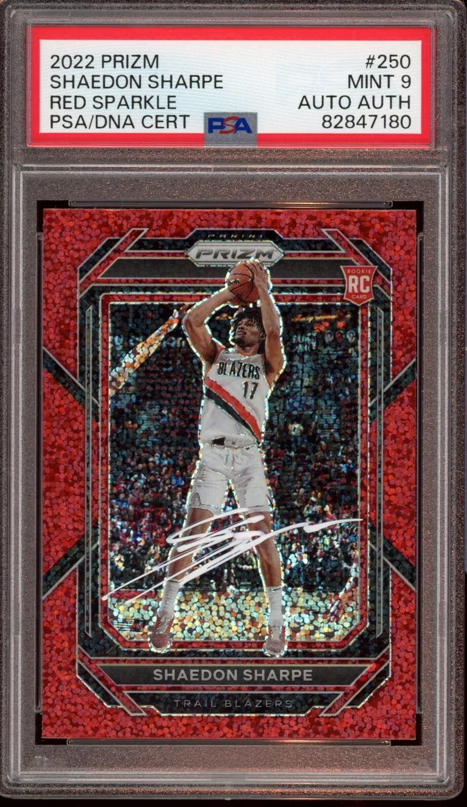 2022 Panini Prizm #250 Shaedon Sharpe Red Sparkle Rookie Card Auto Psa MINT 9 RC