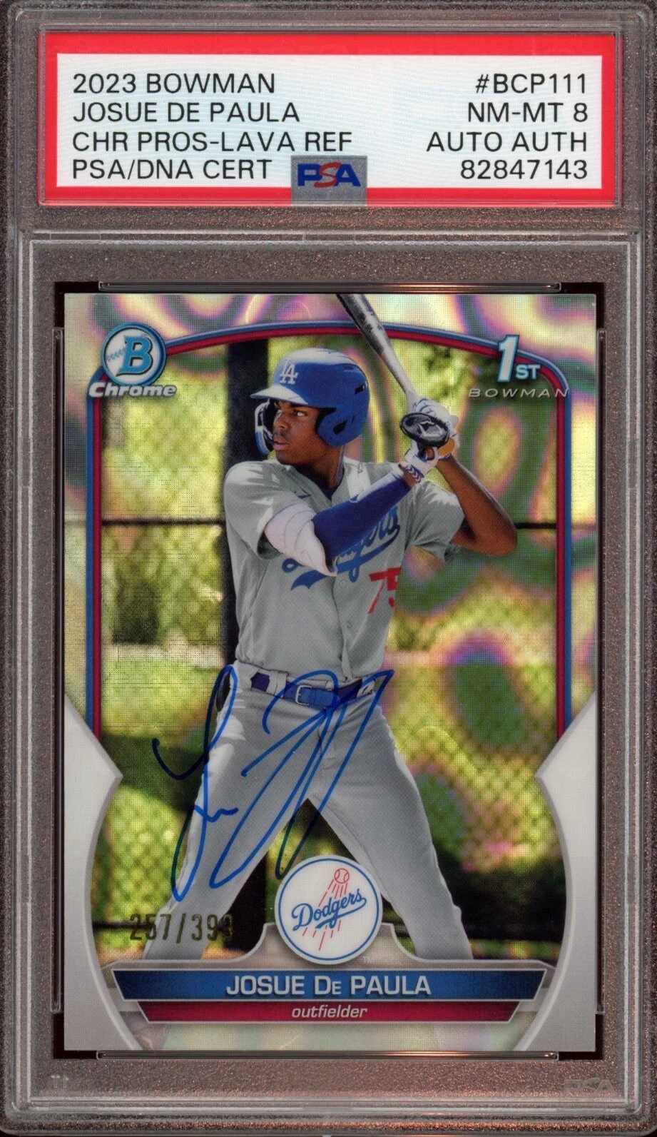 2023 Bowman Chrome Prospects Josue De Paula Lava Refractor Auto /399 Psa NM-MT 8