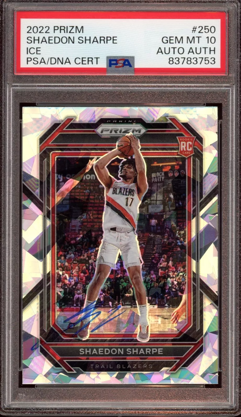 2022 Panini Prizm #250 Shaedon Sharpe Cracked Ice Rookie Card Auto Psa GEM MT 10
