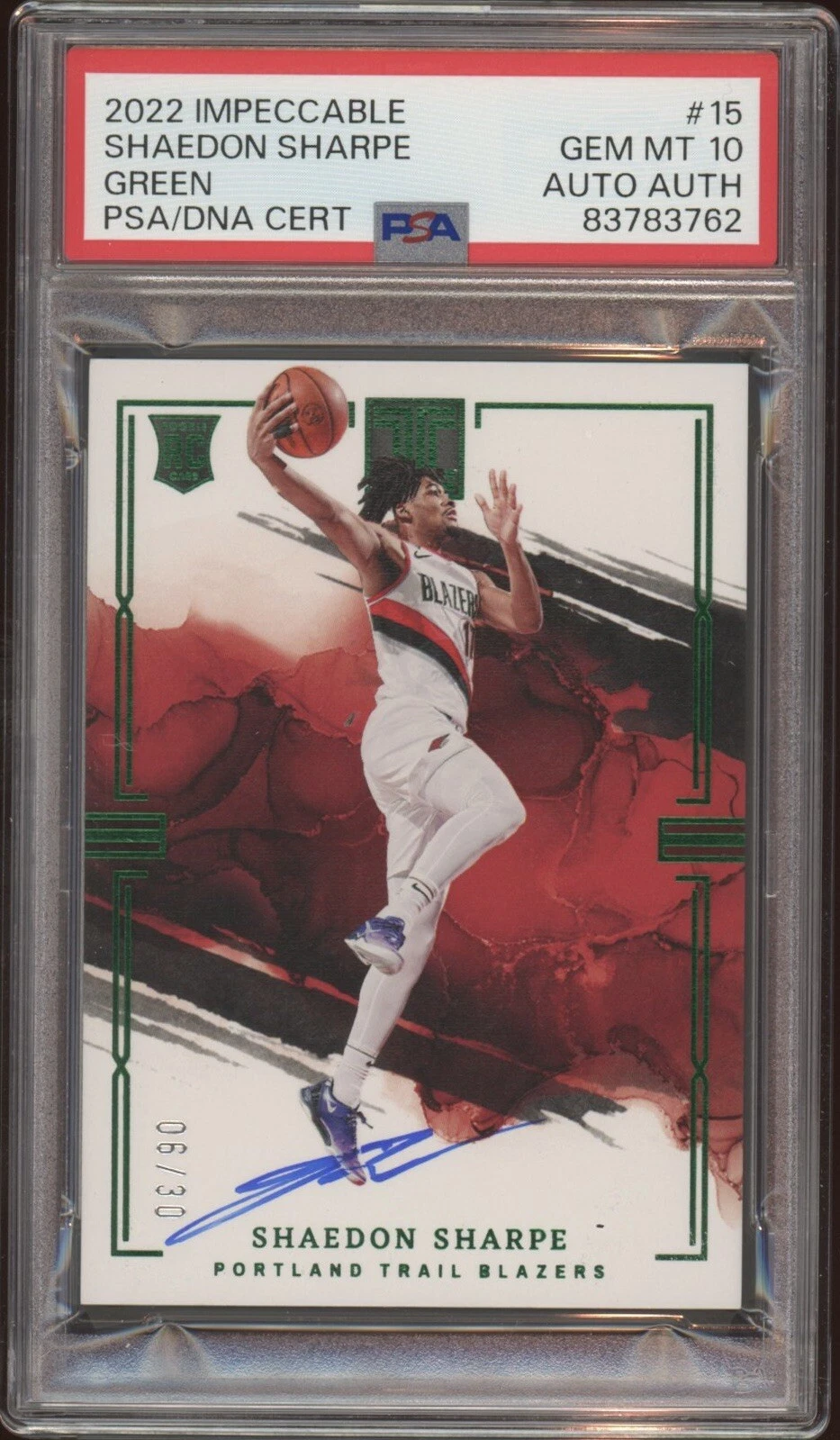 2022 Panini Impeccable #15 Shaedon Sharpe Rookie Green Auto /30 Psa GEM MT 10 RC