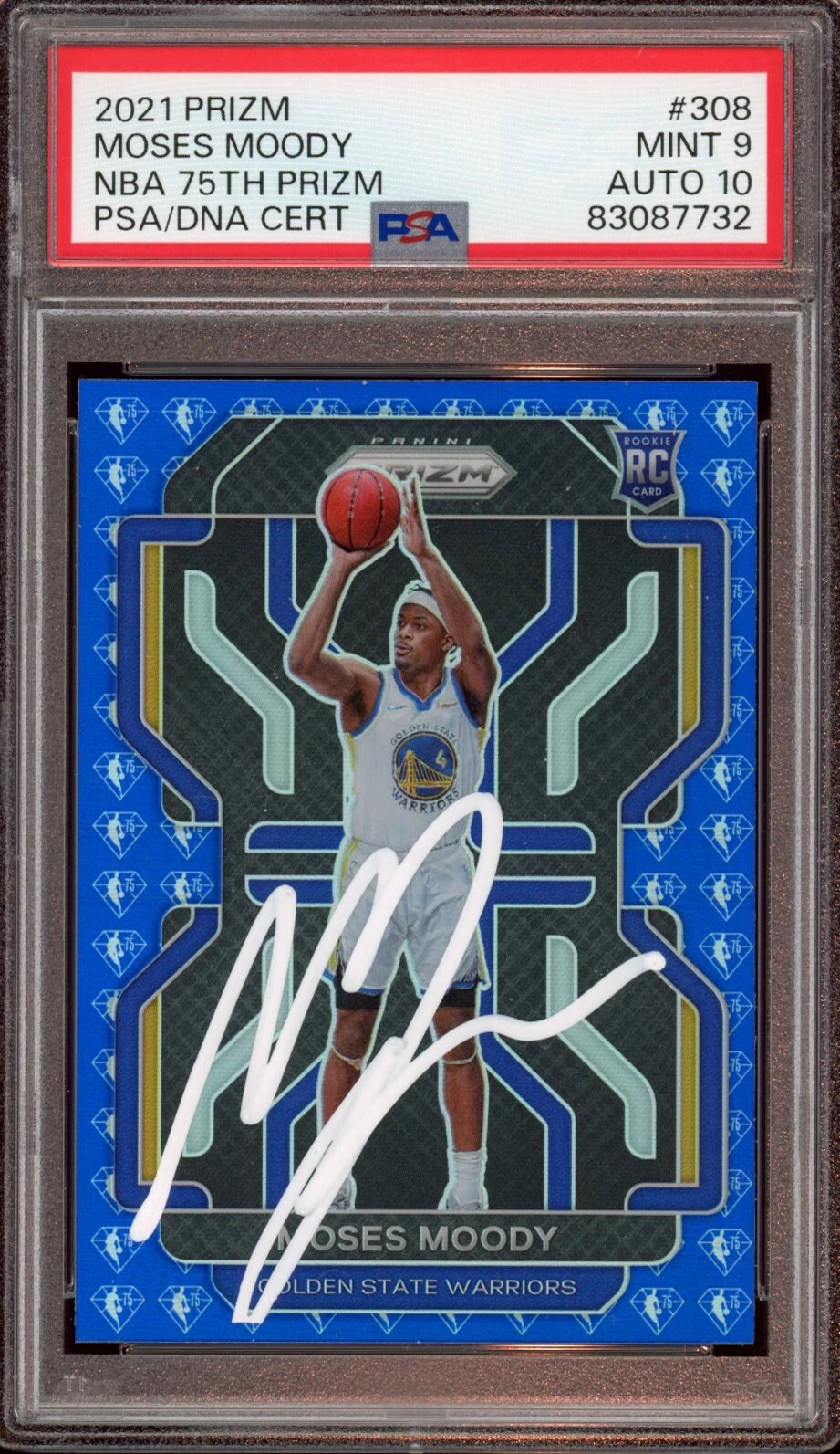 2021 Panini Prizm #308 Moses Moody NBA 75th Rookie Card Auto Psa MINT 9/GEM 10