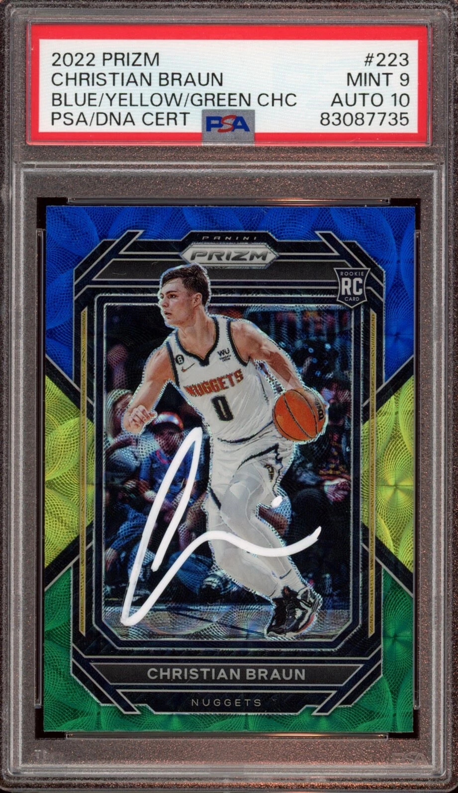 2022 Panini Prizm #223 Christian Braun Blue Yellow Green RC Auto Psa MINT 9/10