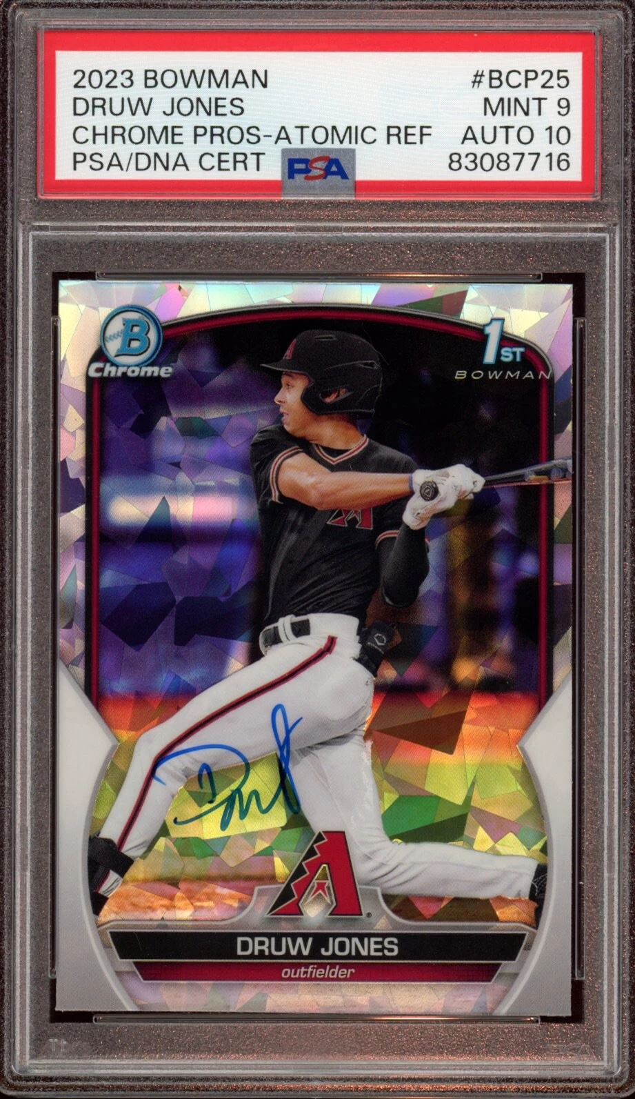2023 Bowman Chrome Prospects Druw Jones Atomic Auto Psa MINT 9/GEM MINT 10