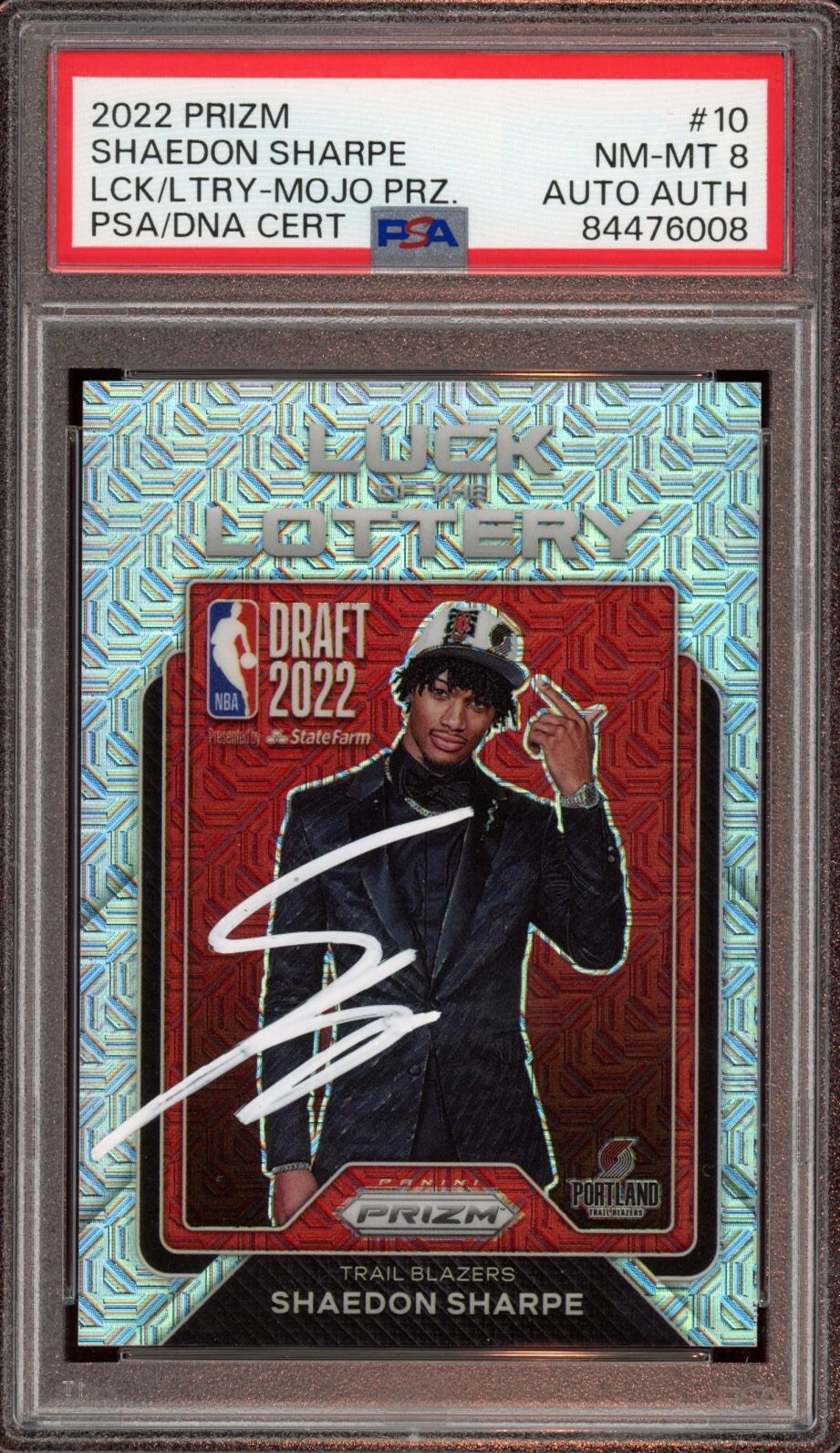 2022 Panini Prizm Shaedon Sharpe Luck Of The Lottery Mojo Prizm Auto /25 Psa 8