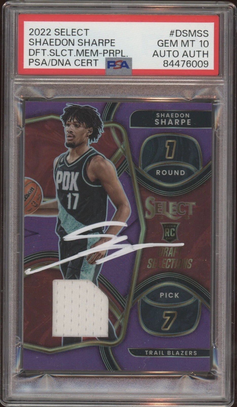 2022 Panini Select #DSMSS Shaedon Sharpe Draft Mem Purple Auto /99 Psa GEM MT 10