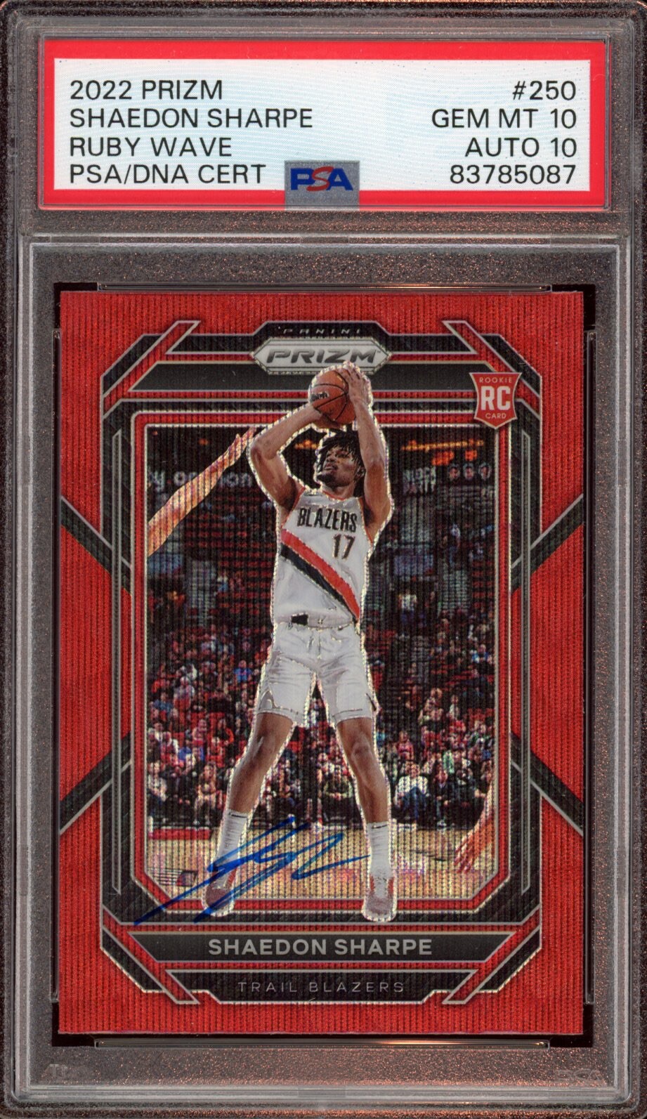 2022 Panini Prizm 250 Shaedon Sharpe Ruby Wave Rookie Card Auto Psa GEM MT 10/10