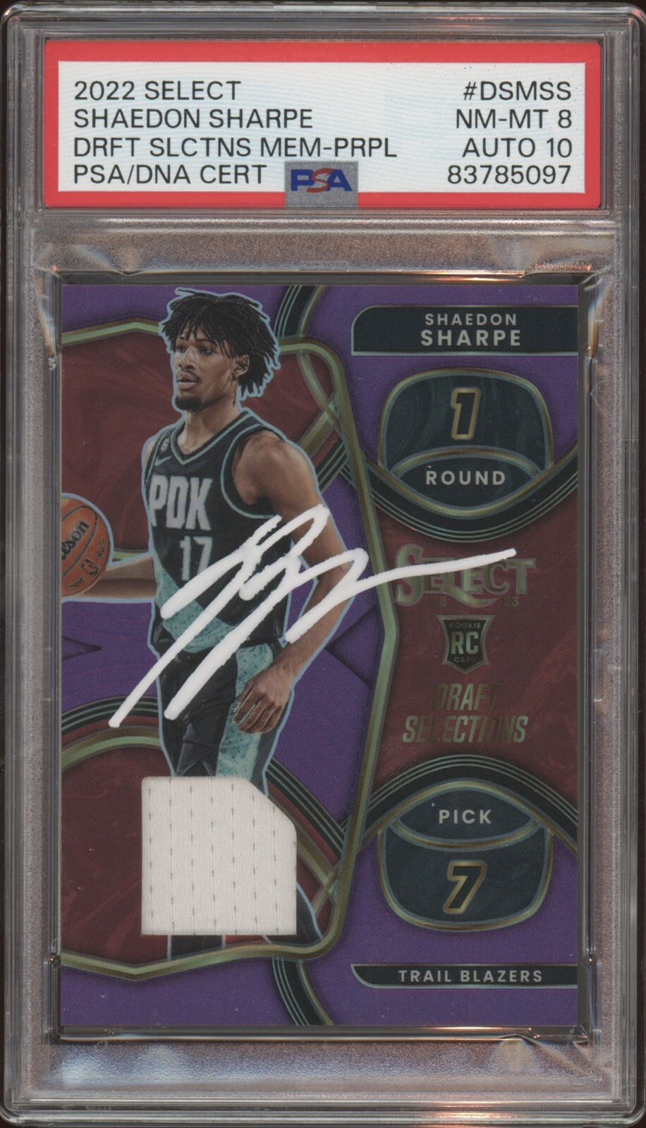 2022 Panini Select #DSMSS Shaedon Sharpe Draft Mem Purple Auto /99 Psa 8/GEM 10