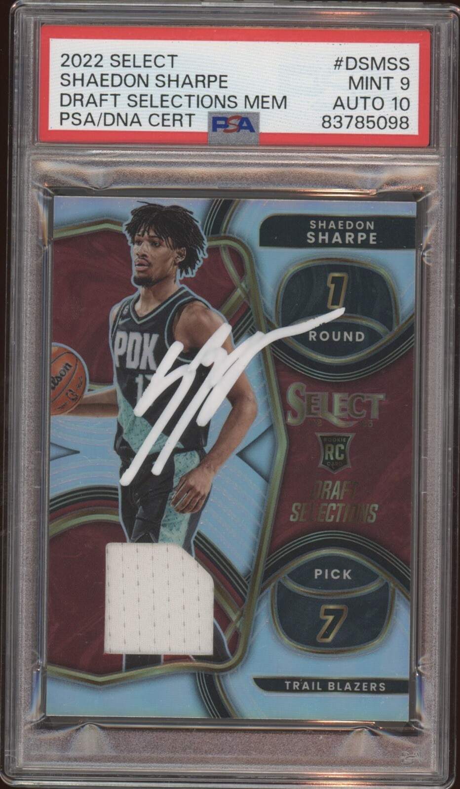 2022 Panini Select #DSMSS Shaedon Sharpe Draft Mem RPA Auto Psa MINT 9/GEM 10 RC