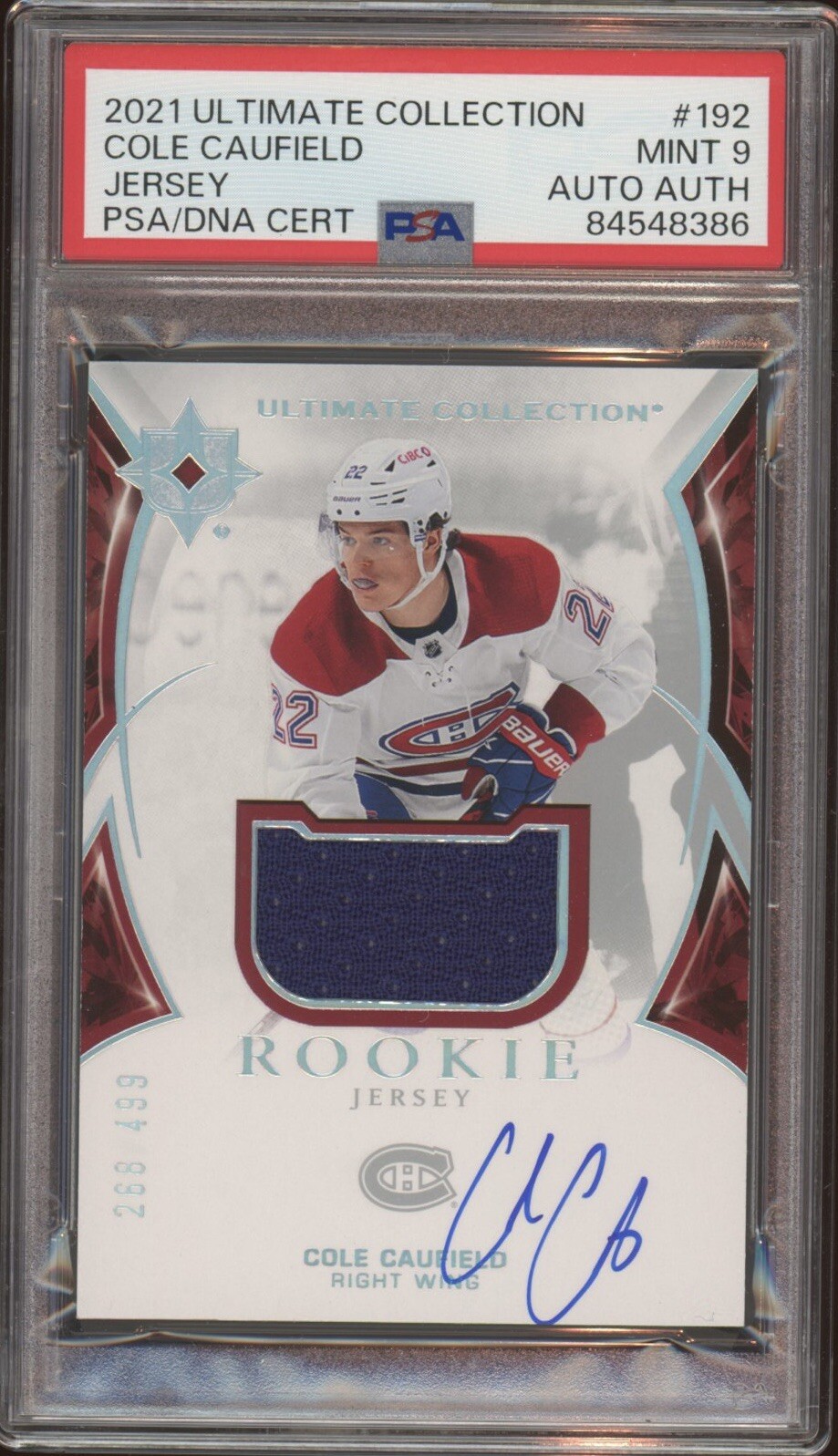2021 Ultimate Collection #192 Cole Caufield Rookie Jersey Auto /499 Psa MINT 9