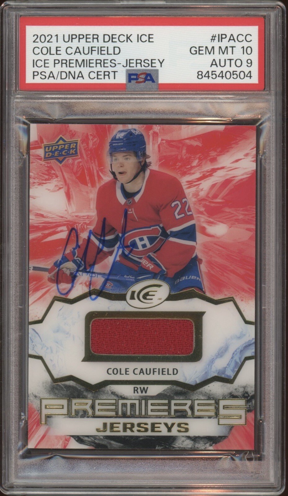 2021 Upper Deck Cole Caufield Rookie Ice Premieres Jersey RPA Psa GEM MT 10/9