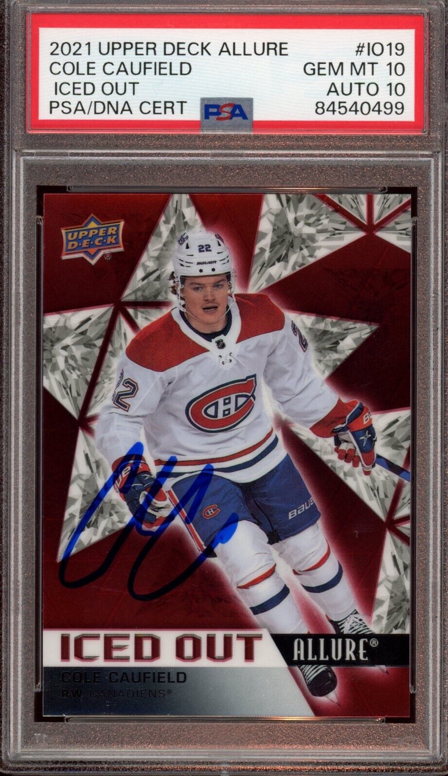 2021 Upper Deck #IO19 Cole Caufield Rookie Iced Out Allure Auto Psa GEM MT 10/10