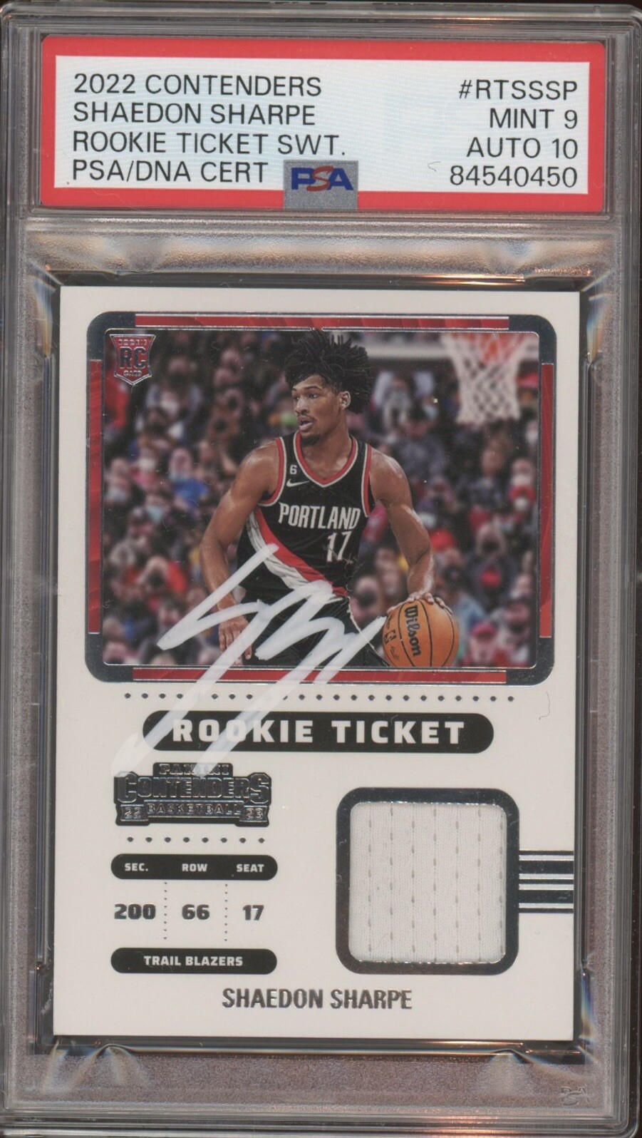 2022 Panini Contenders Shaedon Sharpe Rookie Ticket Swatches Auto Psa MINT 9/10