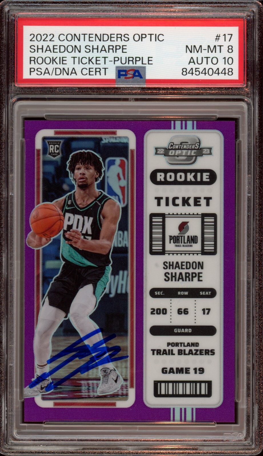 2022 Contenders Optic Shaedon Sharpe Rookie Ticket Purple Auto /15 Psa 8/GEM 10