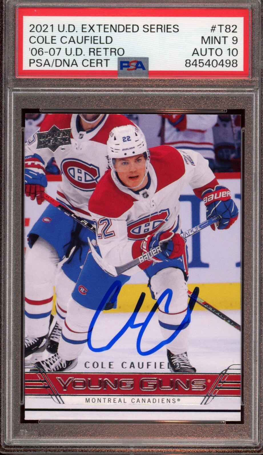 2021 UD Extended Series #T82 Cole Caufield Rookie Retro Auto Psa MINT 9/10