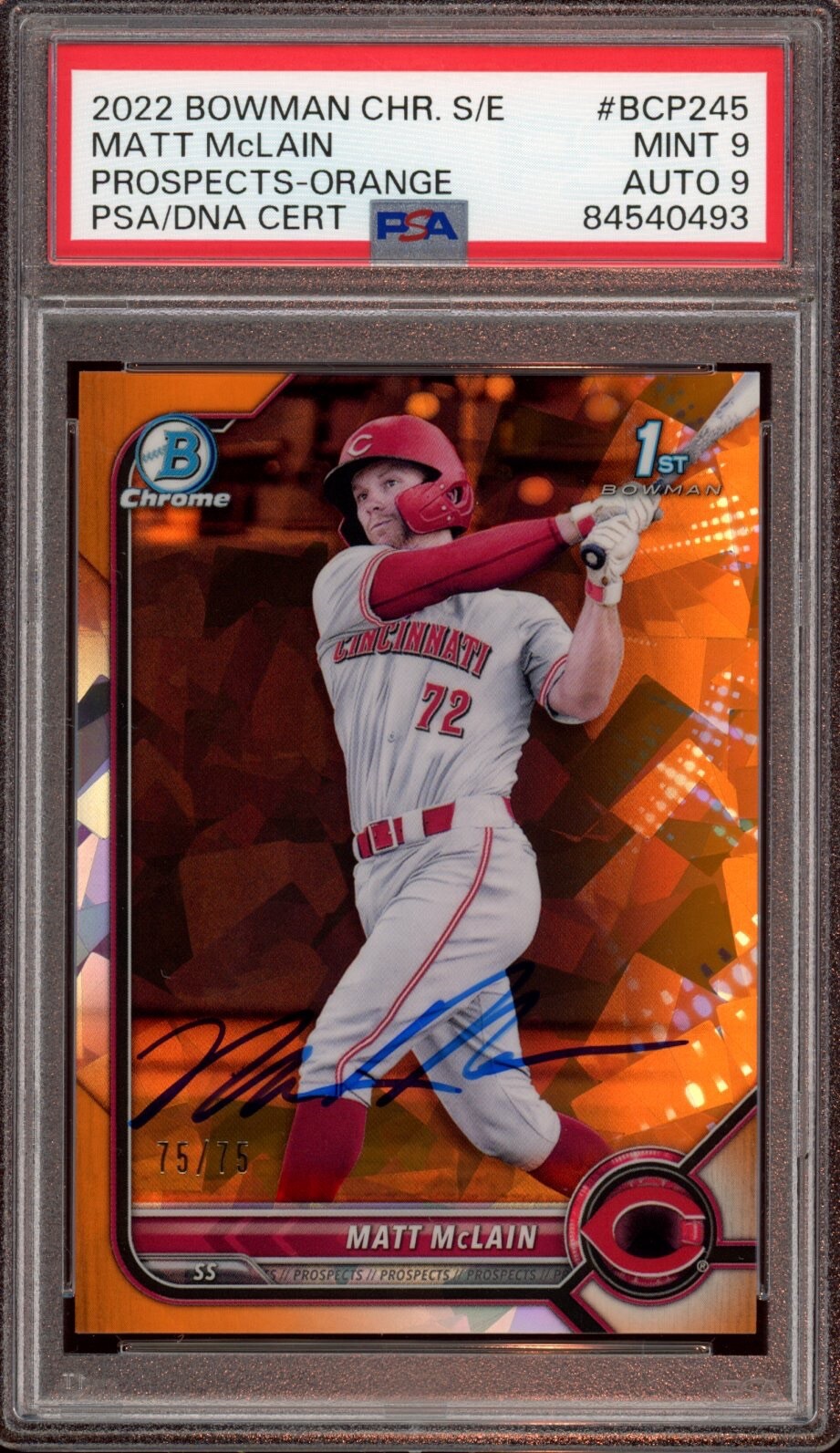 2022 Bowman Chrome #BCP245 Matt McLain Orange Sapphire Auto /75 Psa MINT 9/9