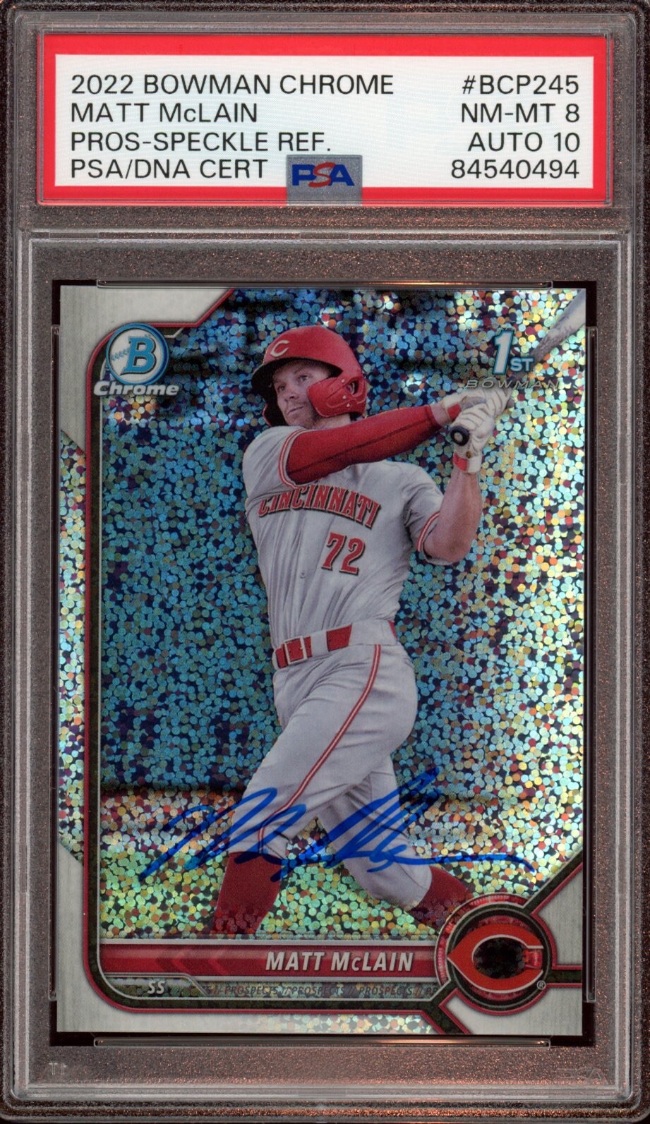 2022 Bowman Chrome #BCP245 Matt McLain Speckle Refractor Auto /299 Psa 8/GEM 10