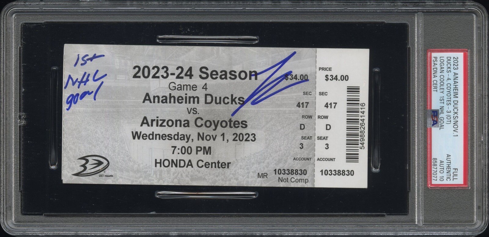 Logan Cooley Signed 1st NHL Goal Full Ticket Stub 11/1/2023 Psa GEM MT 10 AUTO