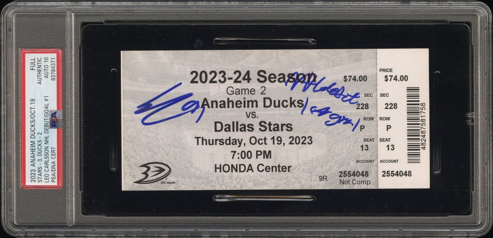 Leo Carlsson Signed NHL Debut + 1st Goal Ticket Stub Psa GEM MT 10 AUTO 10/19/23
