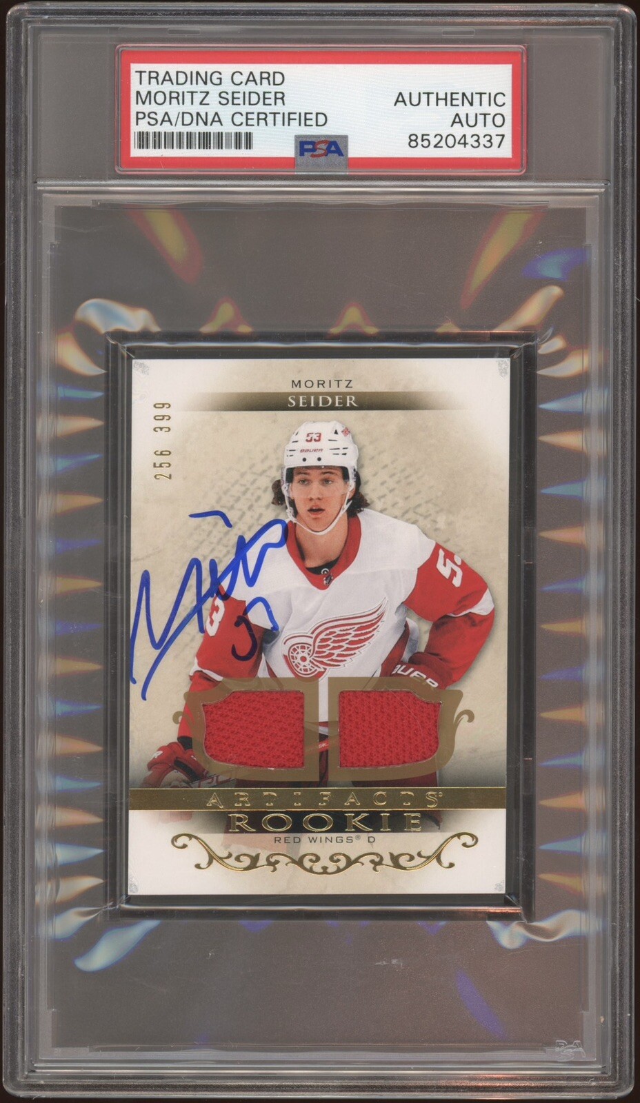 2021 Upper Deck Artifacts Moritz Seider Signed Rookie Dual Relic /399 Psa Auto