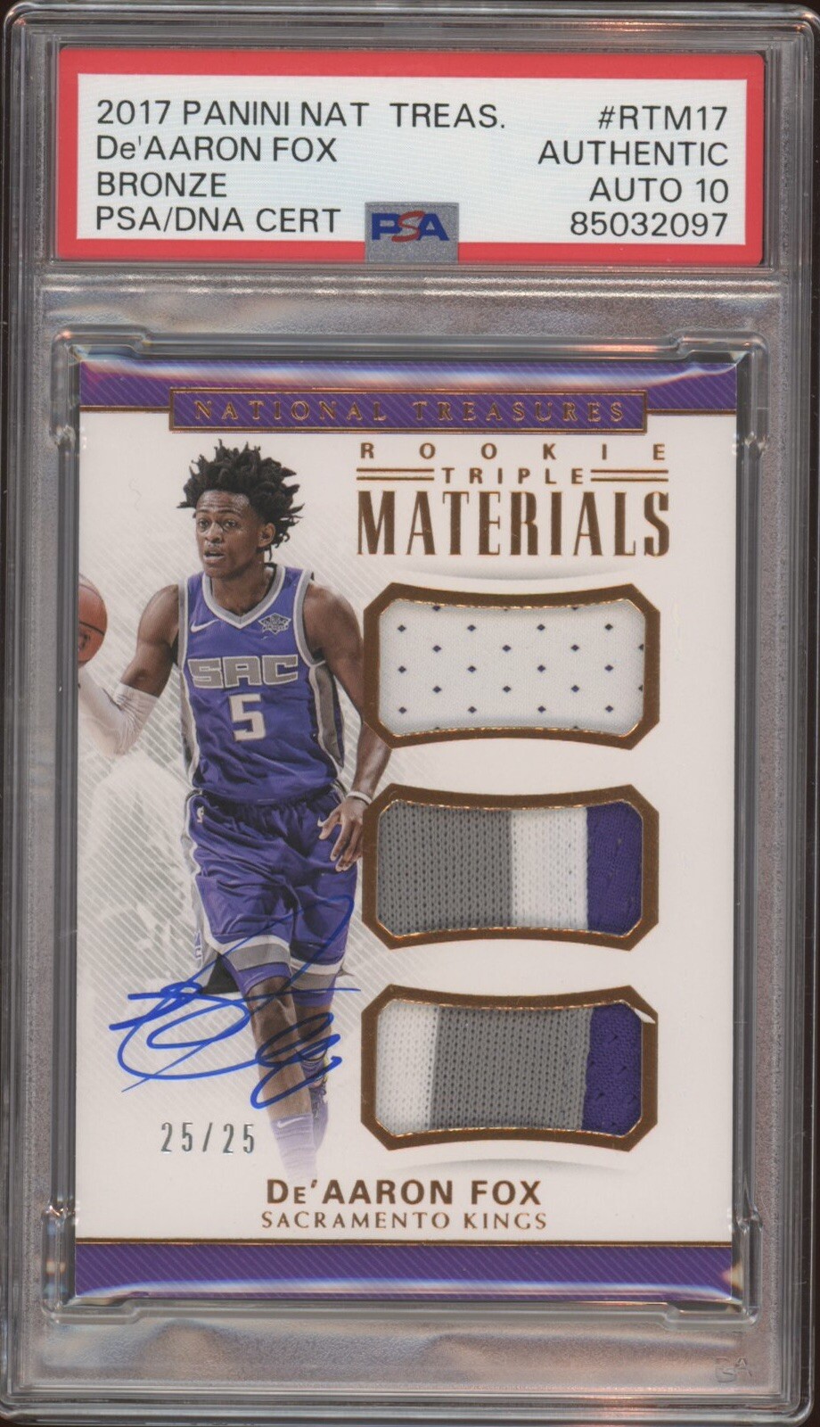 2017 National Treasures De’Aaron Fox Rookie Triple Bronze /25 Psa GEM MT 10 AUTO