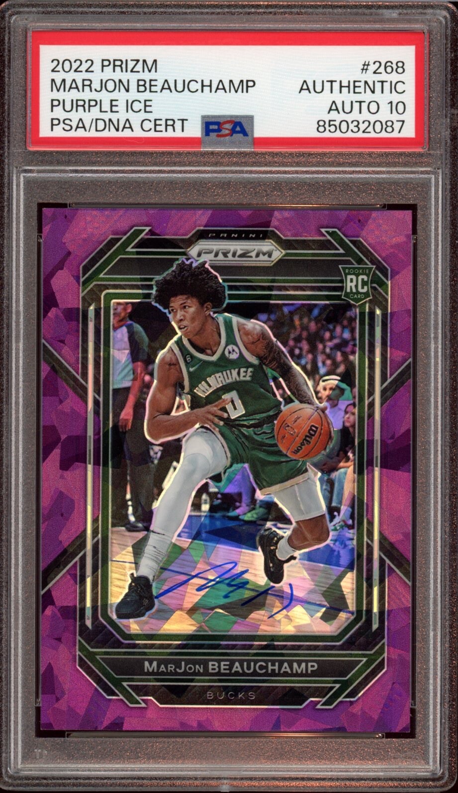 2022 Panini Prizm #268 MarJon Beauchamp Purple Ice Rookie /149 Psa GEM AUTO 10