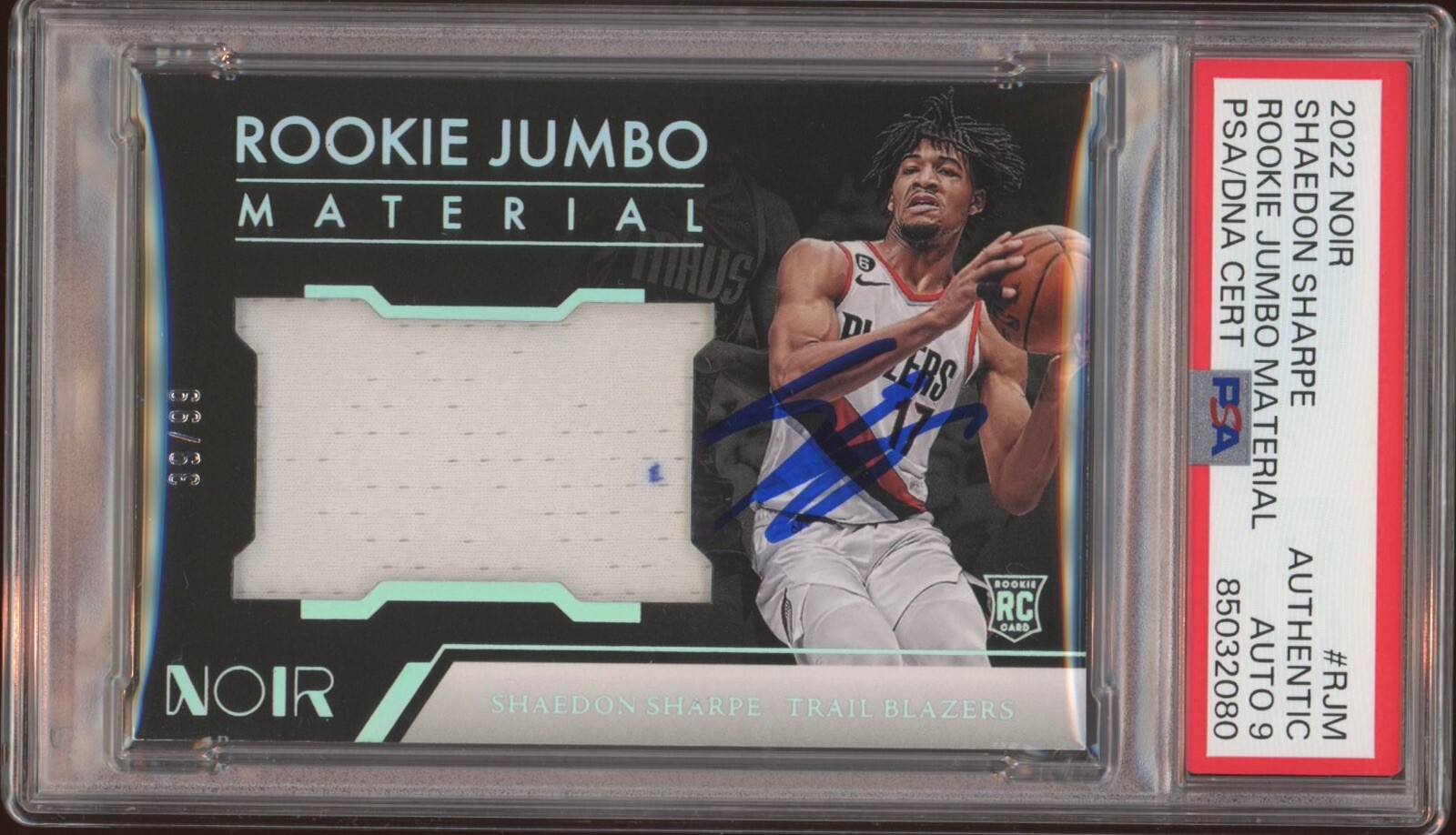 2022 Panini Noir Shaedon Sharpe Rookie Jumbo Material /99 Psa MINT 9 AUTO