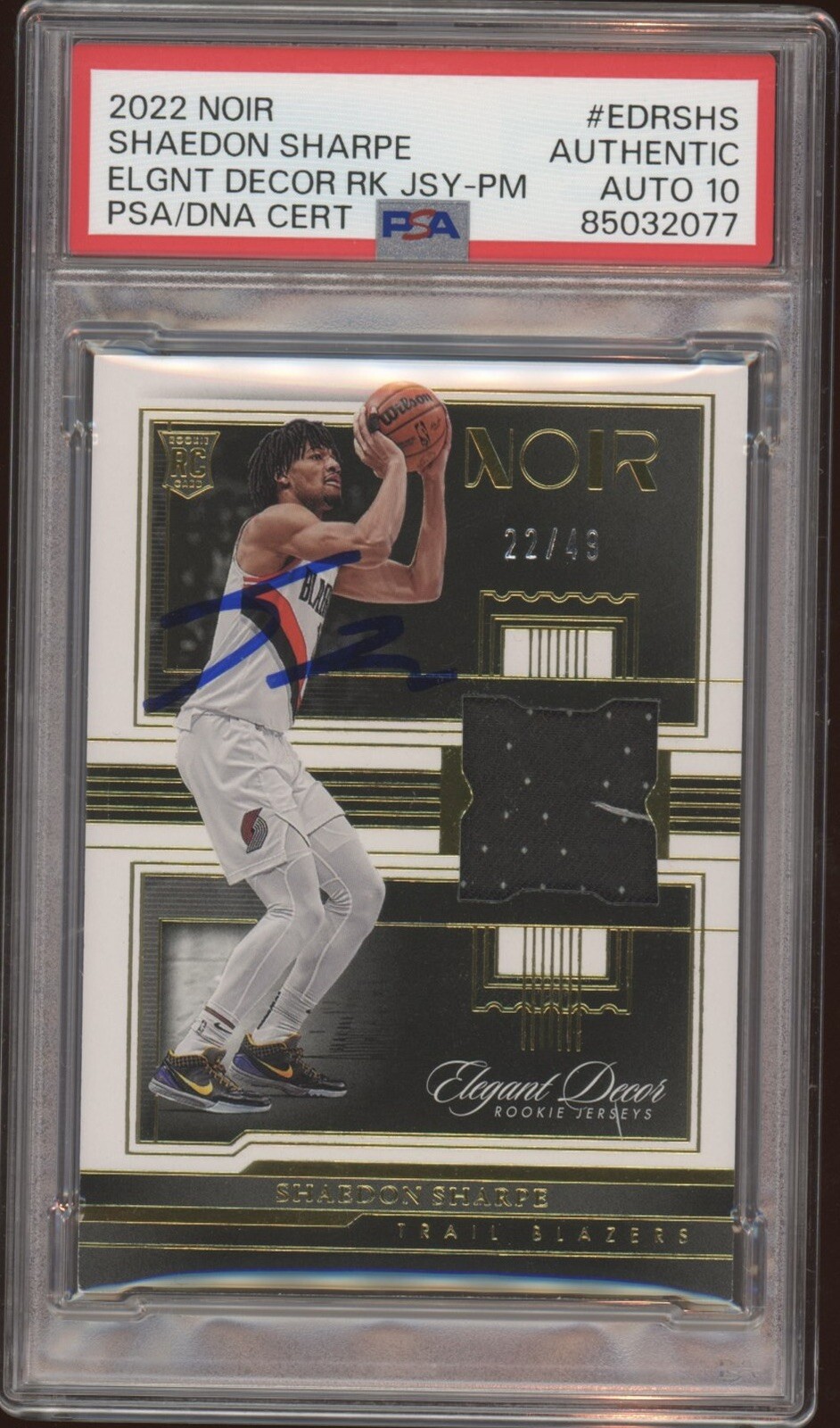 2022 Panini Noir Shaedon Sharpe Elegant Decor Rookie Jersey PM /49 Psa 10 AUTO