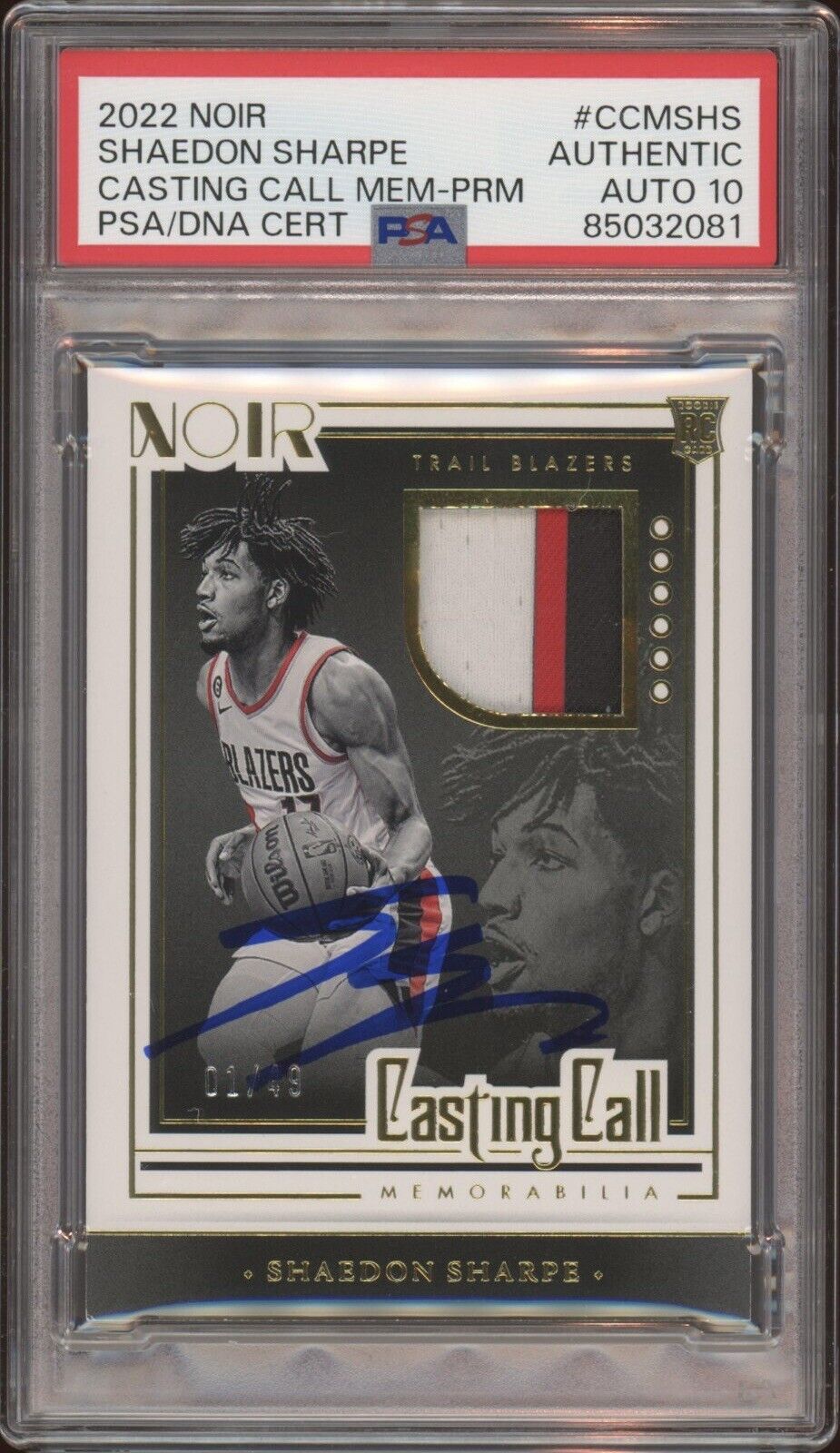 2022 Panini Noir Shaedon Sharpe Casting Call Mem Prime /49 Psa GEM MINT 10 AUTO