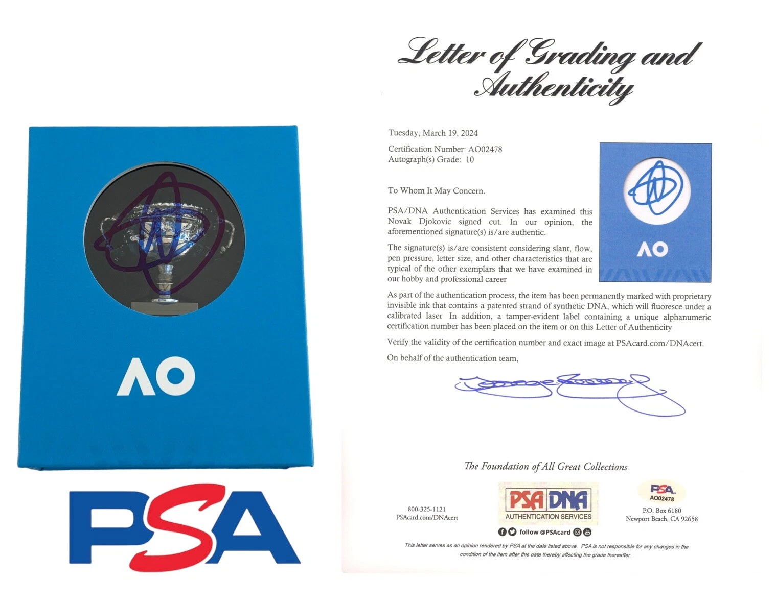 Novak Djokovic Signed Australian Open AO Mini Trophy Psa/Dna LOA + AUTO GRADE 10