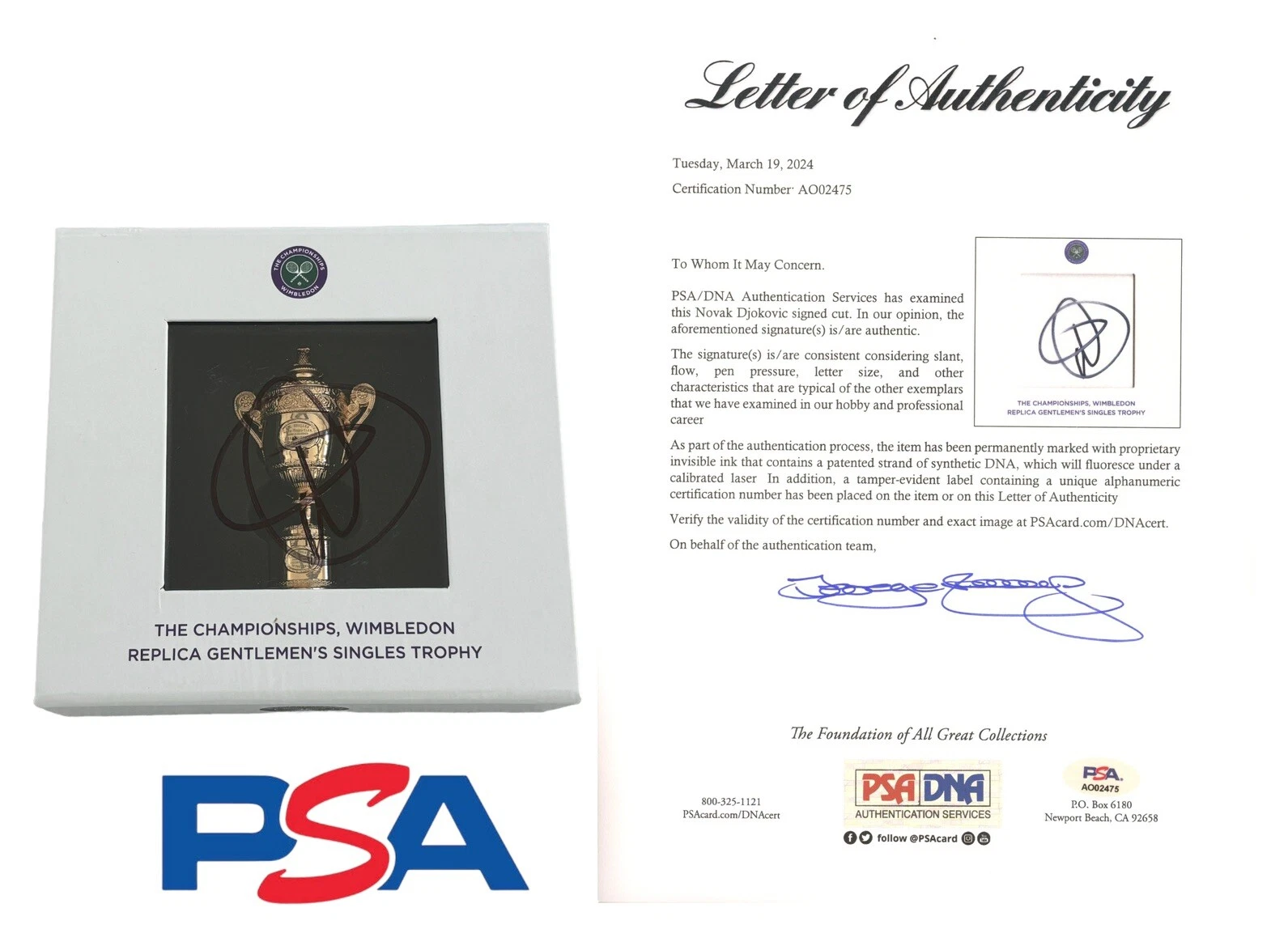 Novak Djokovic Signed The Championships Wimbledon Mini Trophy Psa/Dna LOA Auto