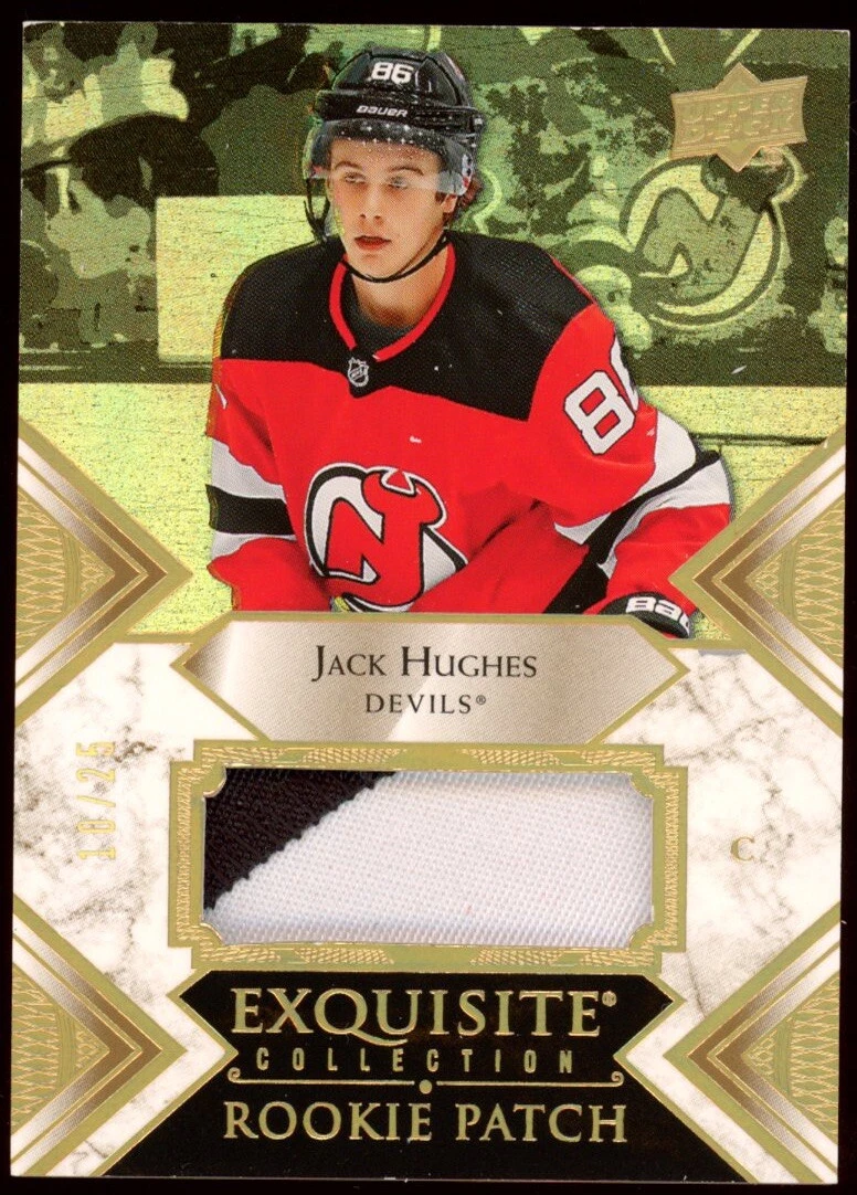 2019 UD Premier #RP-JH Jack Hughes Exquisite Collection Gold Rookie Patch /25 RC