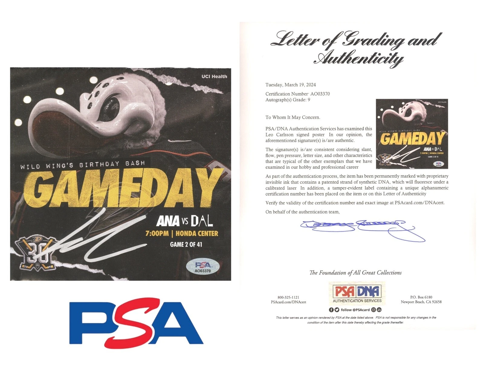 Leo Carlsson Signed NHL Debut 10/19/23 Program Psa/Dna LOA + AUTO 9 Ana Ducks