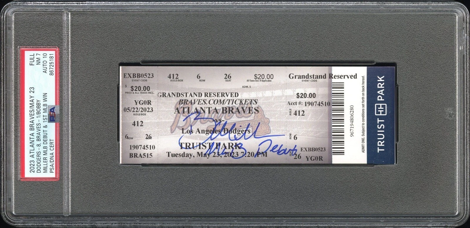 Bobby Miller Signed MLB DEBUT 5/23/23 Full Ticket Stub Psa 7/GEM MT 10 AUTO