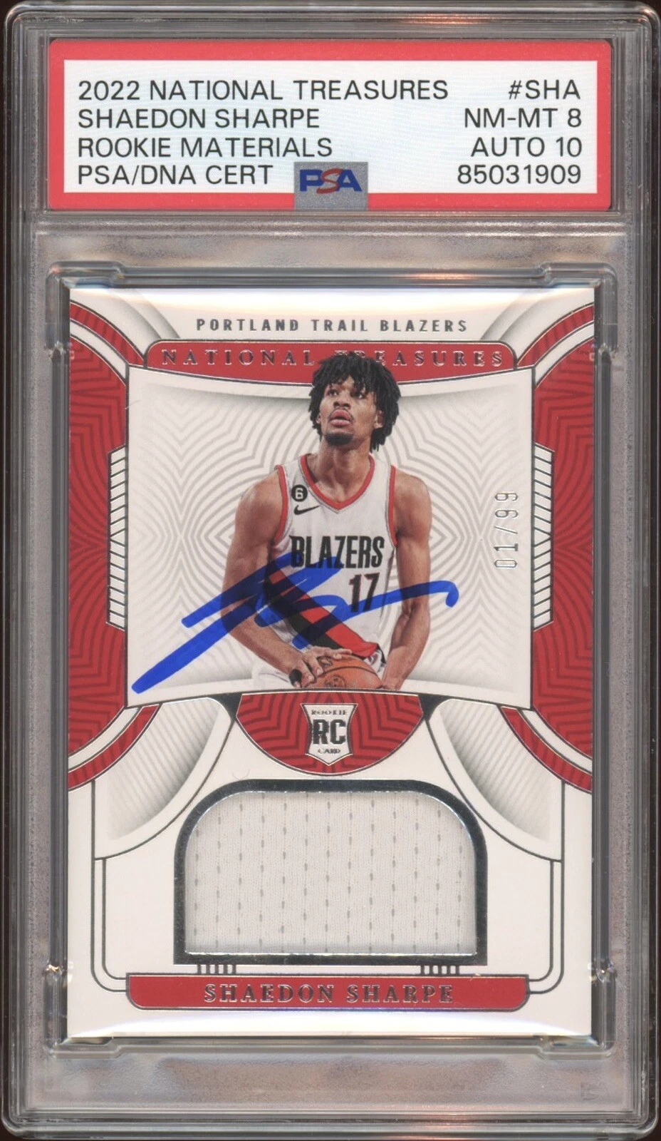 2022 National Treasures Shaedon Sharpe Rookie Materials Auto /99 Psa 8/GEM MT 10