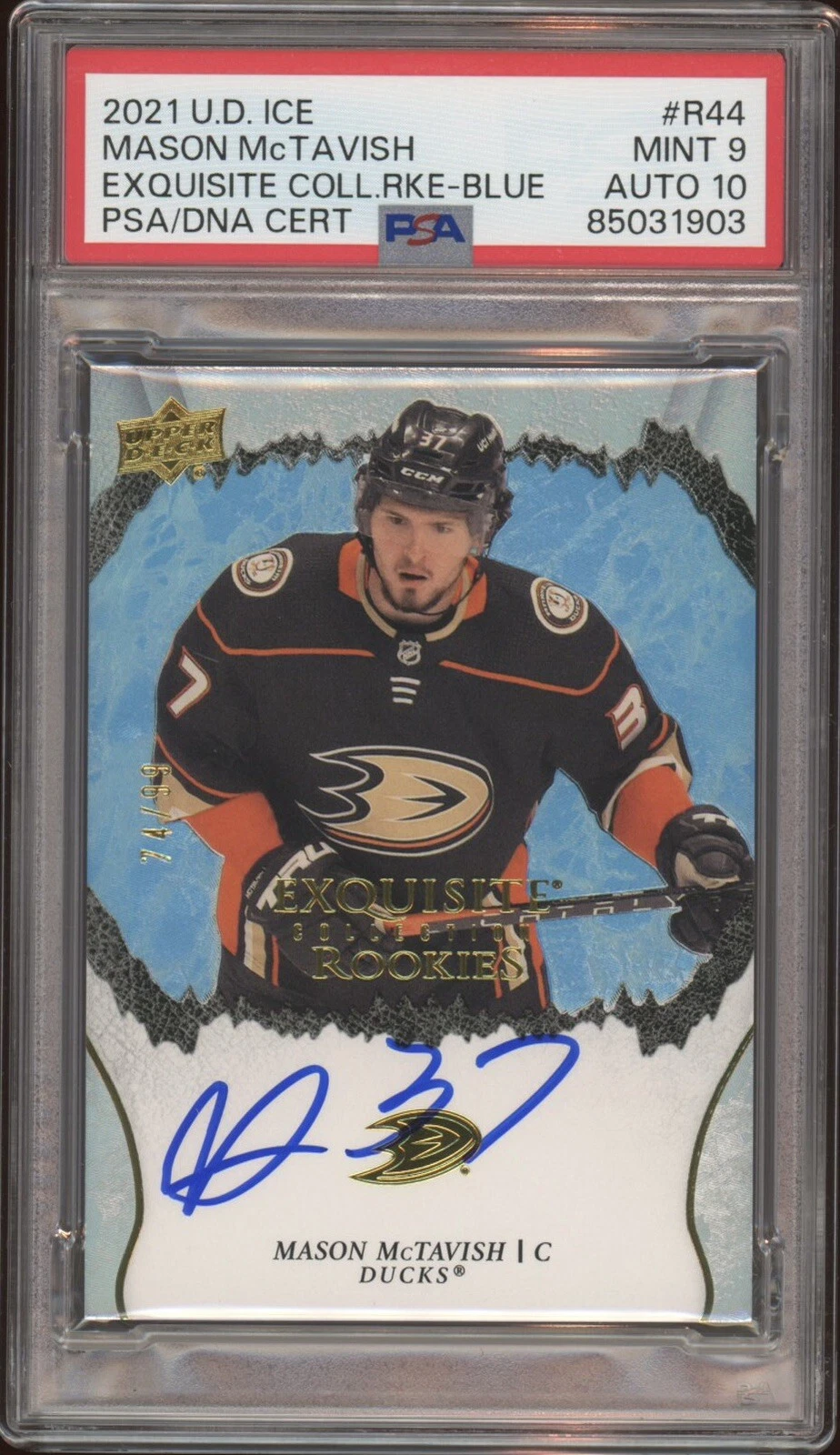 2021 UD Ice #R44 Mason McTavish Rookie Exquisite Blue Auto /99 Psa MINT 9/GEM 10