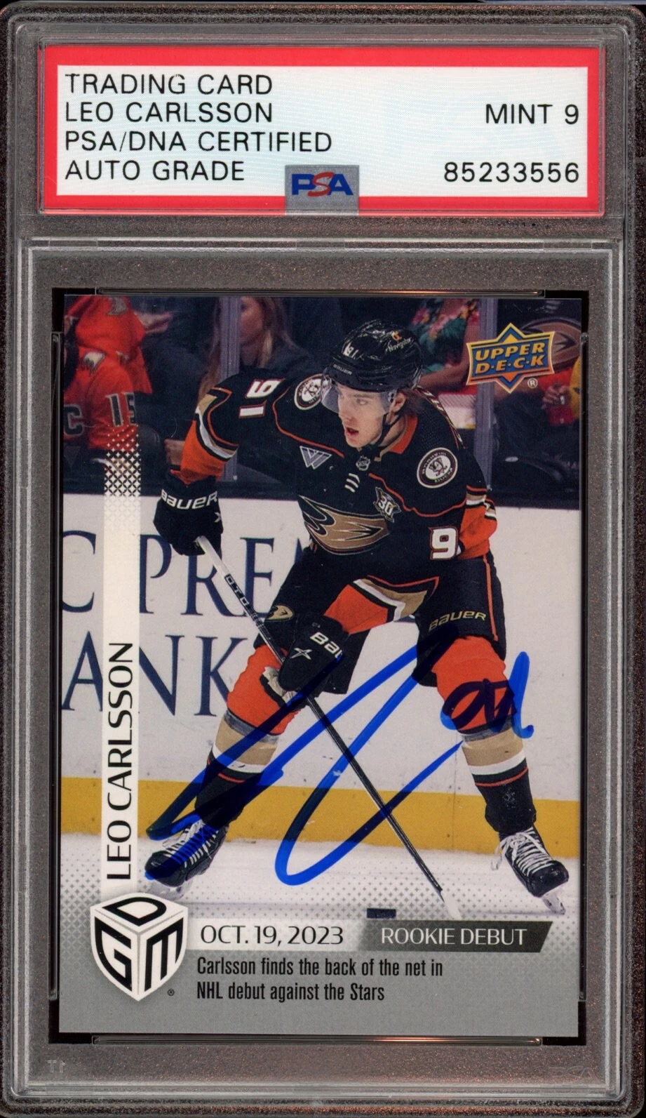 2023 Upper Deck #7 Leo Carlsson Game Dated Moments Rookie /1199 Psa MINT 9 AUTO