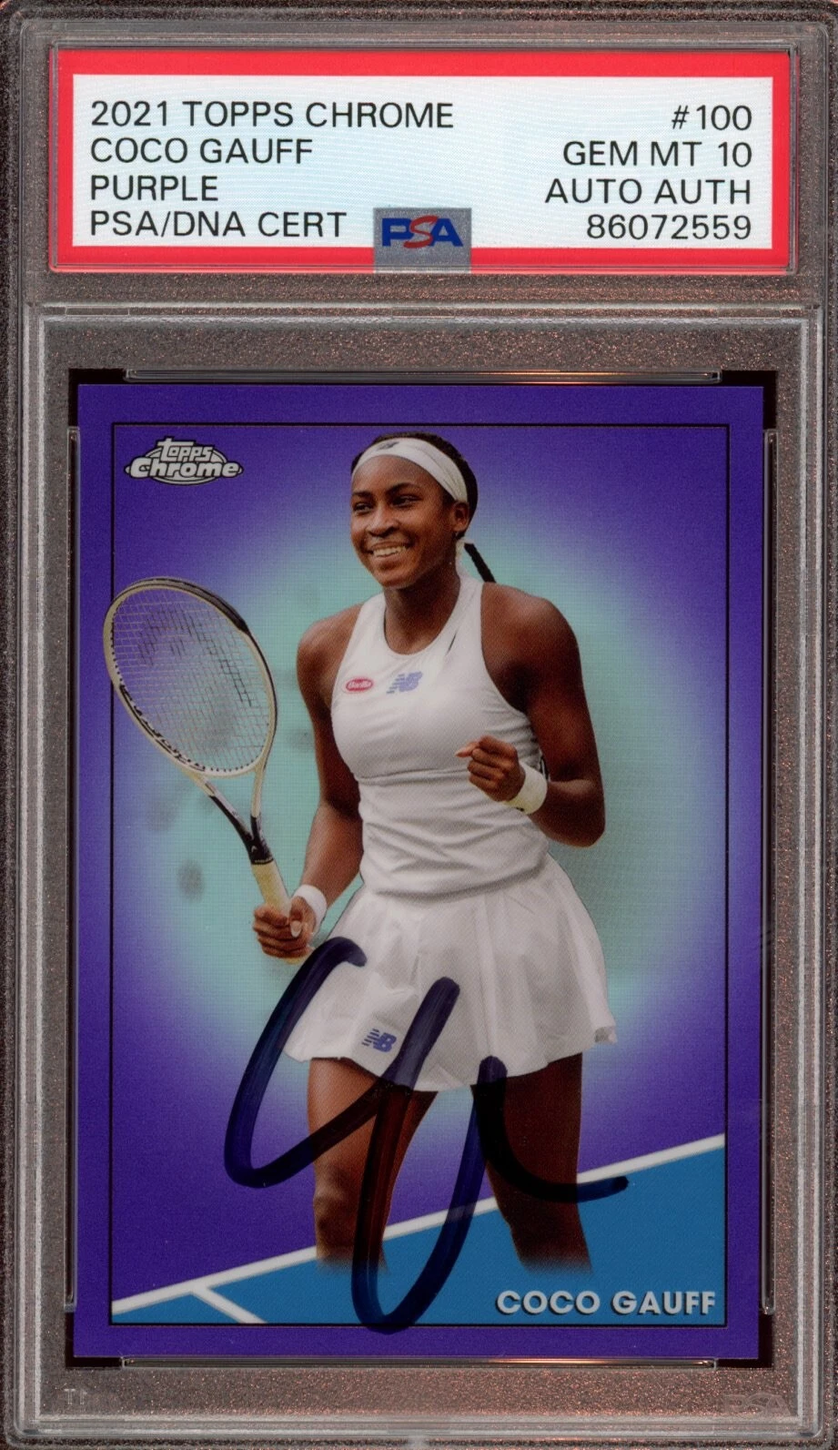 Coco Gauff Signed 2021 Topps Chrome Purple Rookie Card Auto /199 Psa GEM MT 10