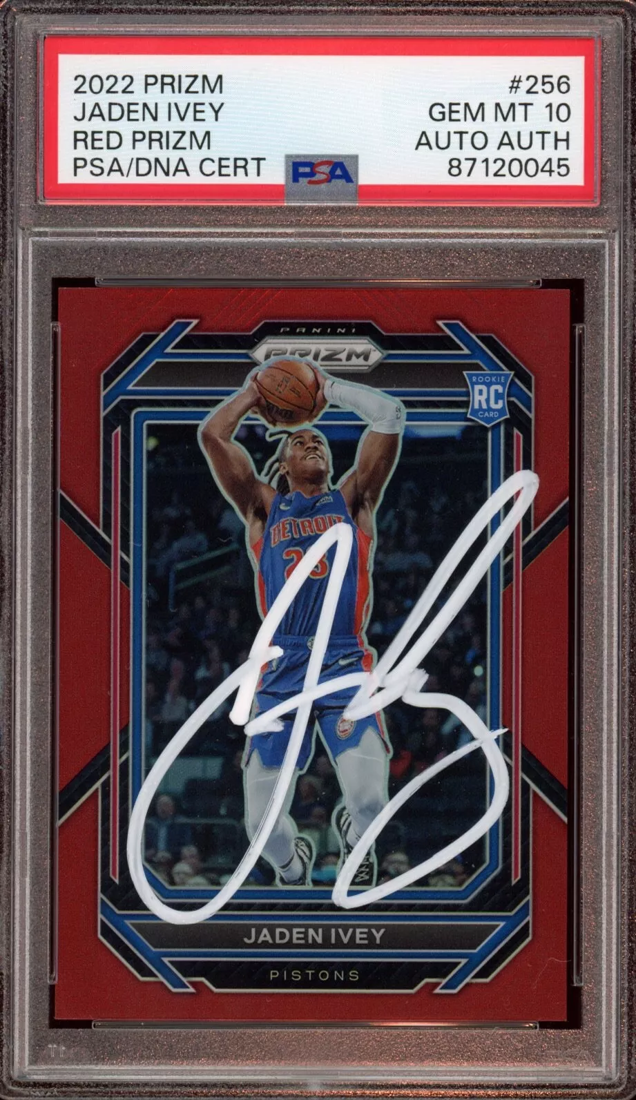 2022 Panini Prizm #256 Jaden Ivey Red Prizm Rookie Card Auto /299 Psa GEM MT 10