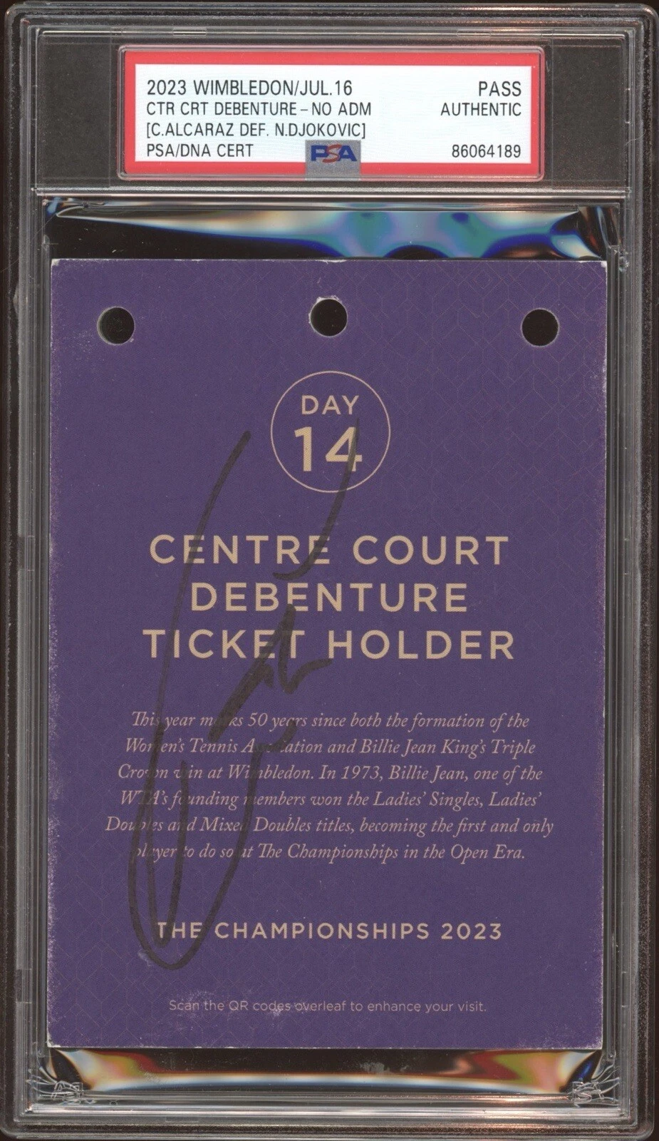 Carlos Alcaraz Signed 2023 Wimbledon Final Champion Pass Ticket Auto Psa/Dna