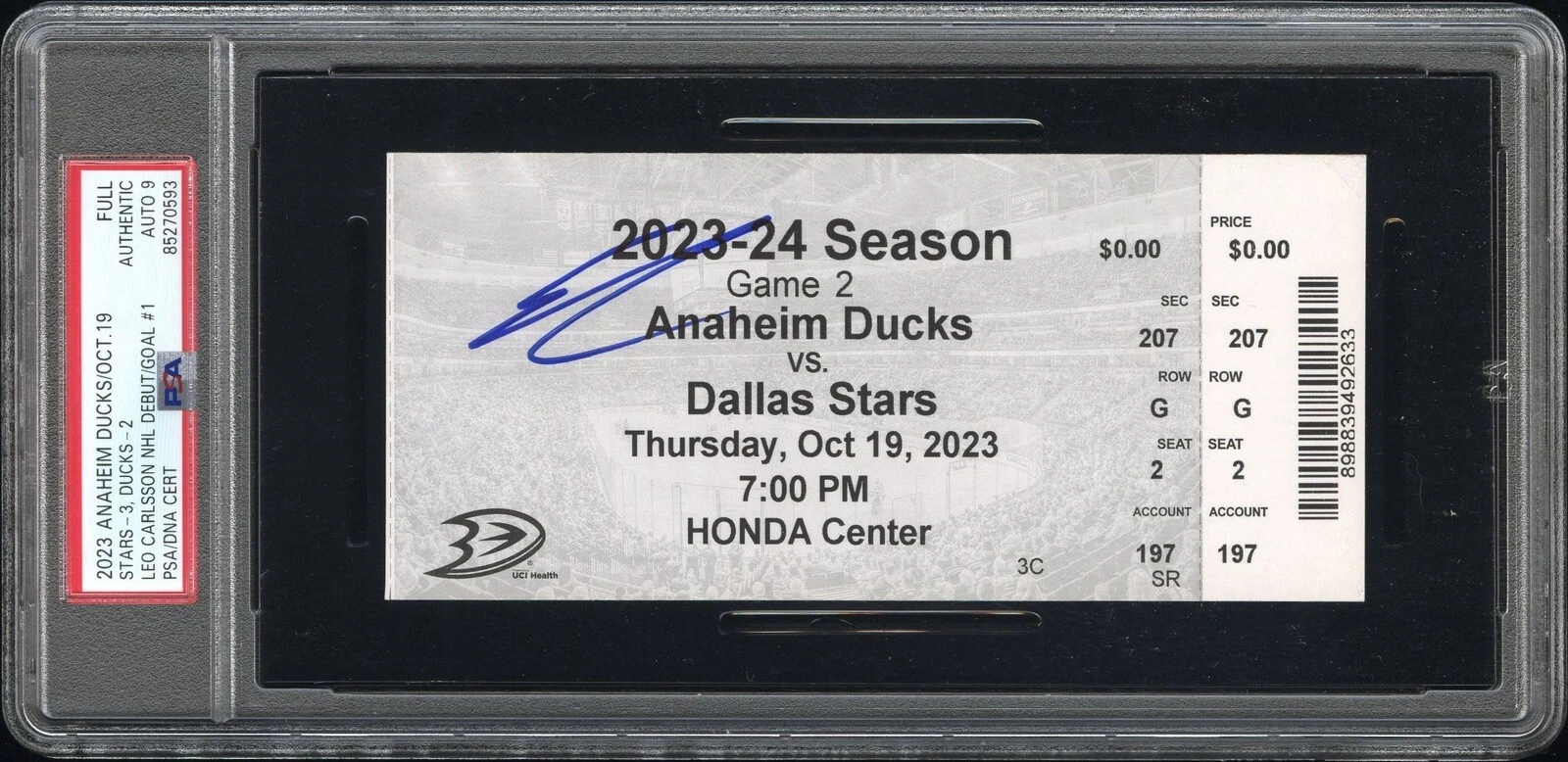Leo Carlsson Signed NHL Debut + 1st Goal Ticket Stub Psa MINT 9 AUTO 10/19/2023