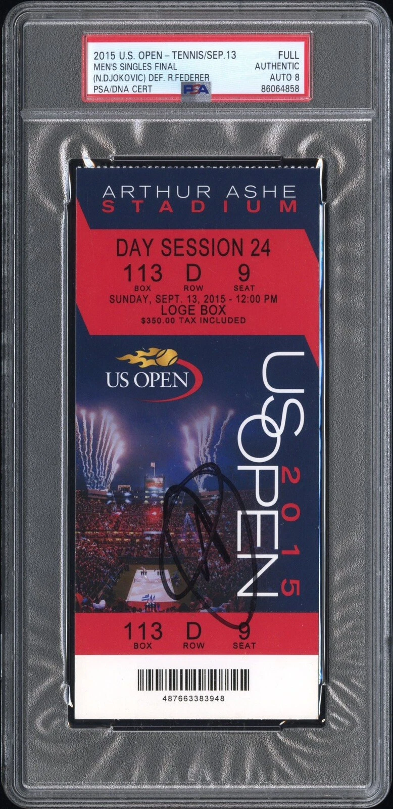 Novak Djokovic Signed 2015 US OPEN Champion Full Ticket Stub Psa/Dna AUTO 8