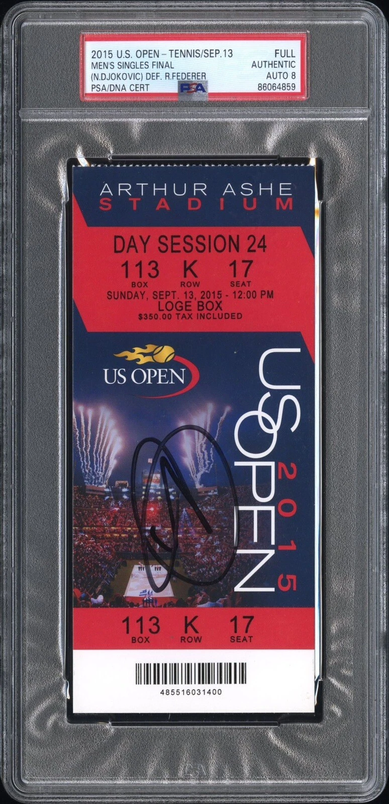 Novak Djokovic Signed 2015 US OPEN Champion Full Ticket Stub Psa/Dna AUTO 8