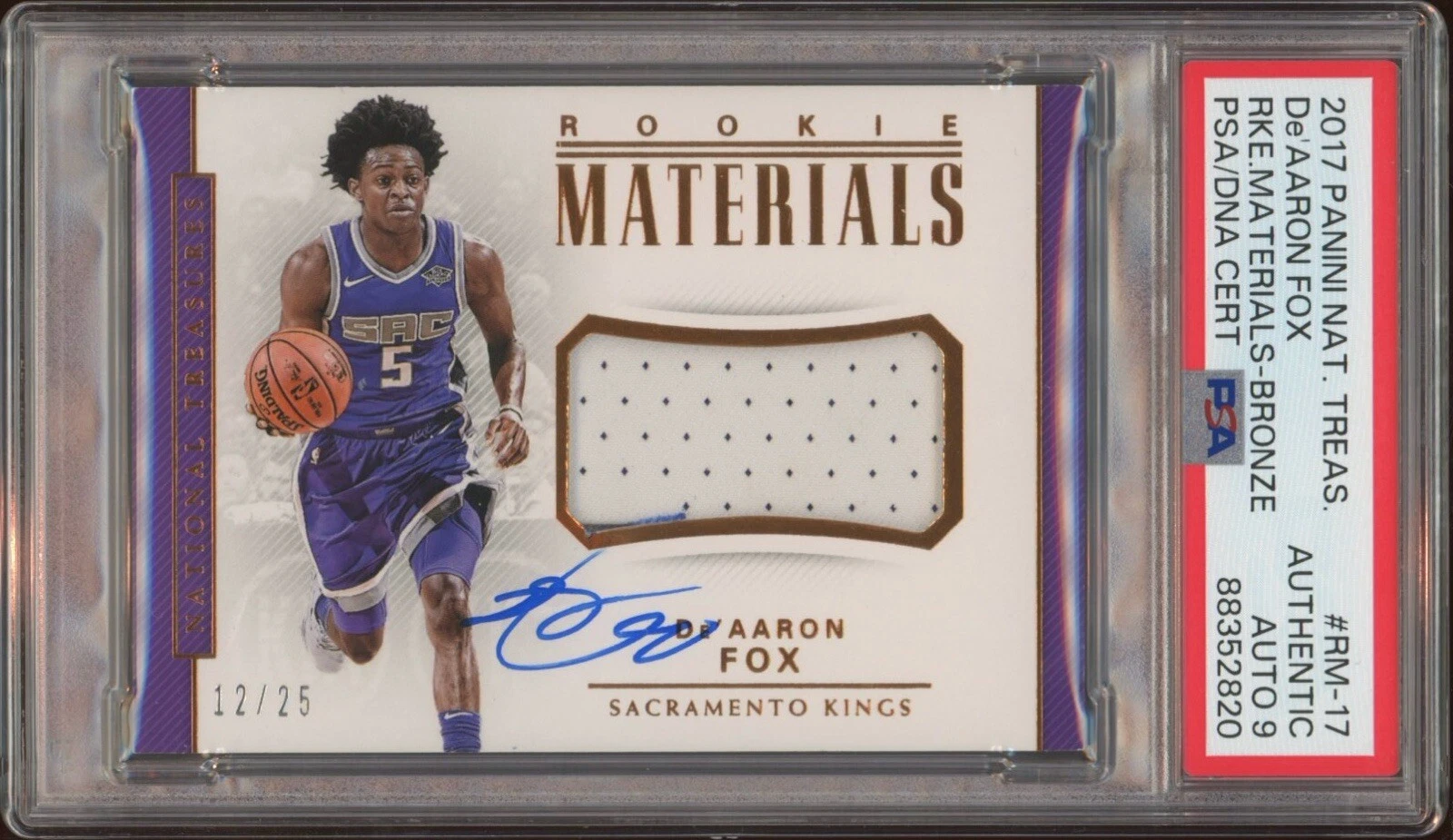 2017 National Treasures De’Aaron Fox Rookie Material Bronze /25 Psa MINT 9 AUTO