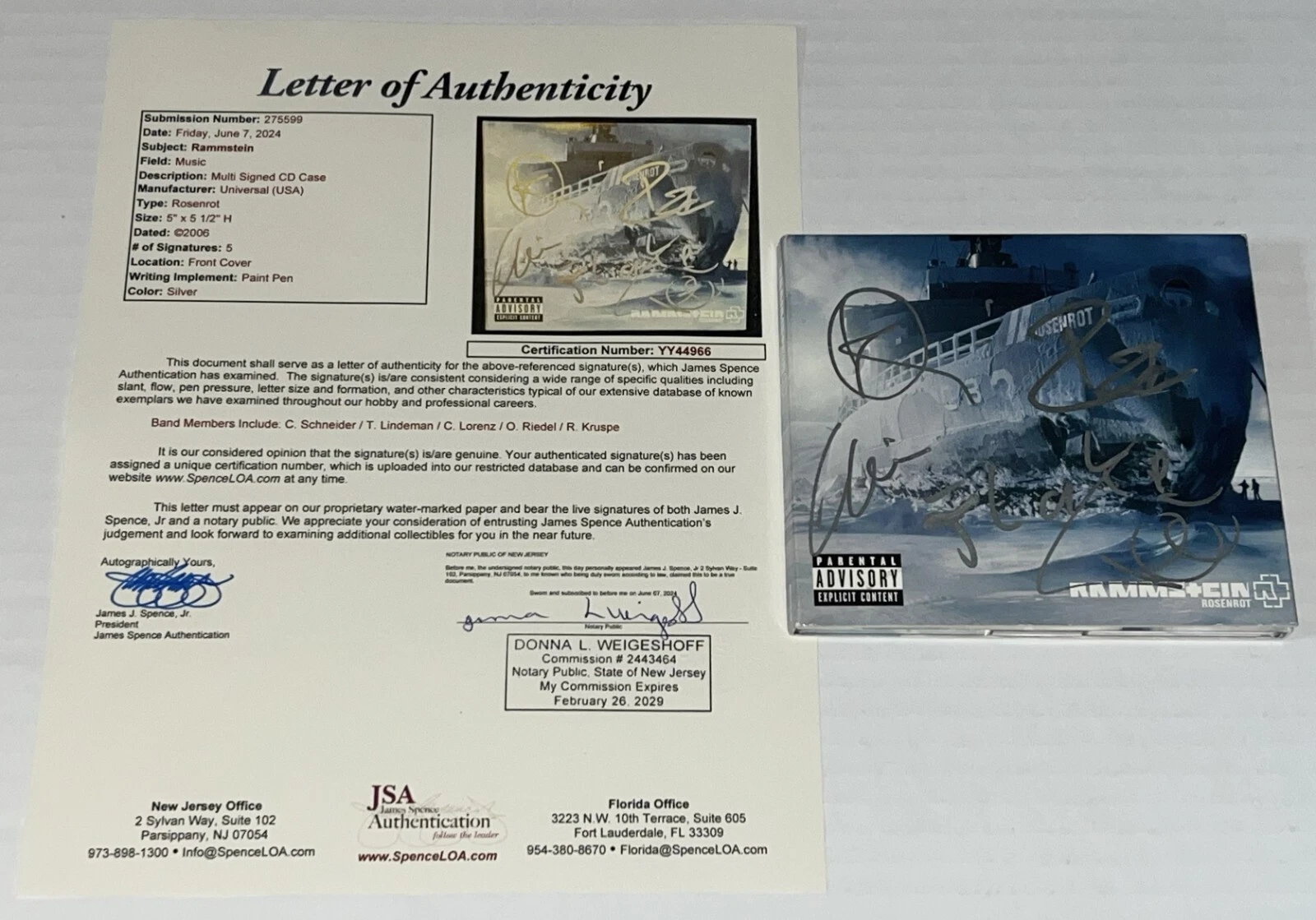 Rammstein Group signed Rosenrot CD Cover Till Lindemann & 4 more JSA Full LOA